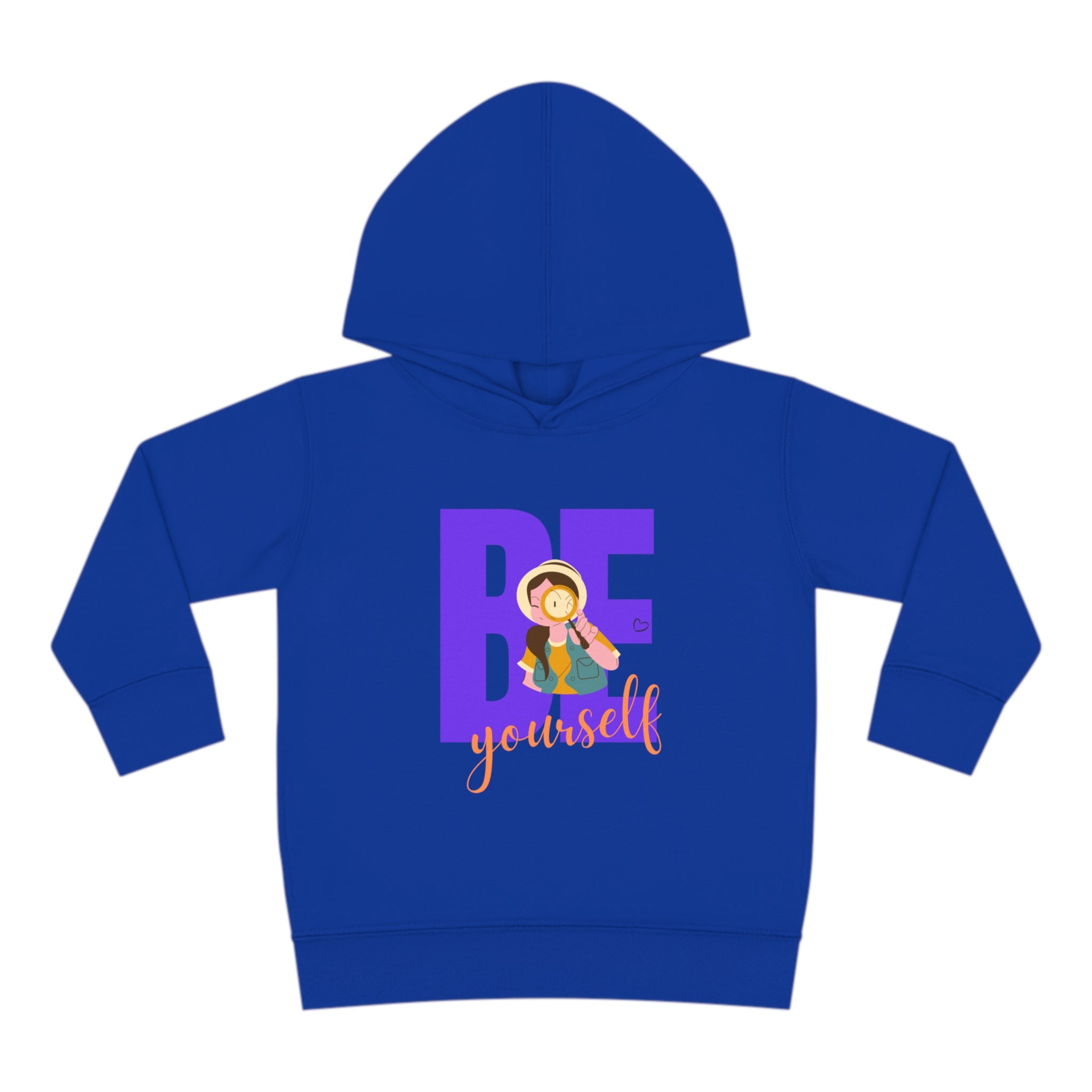 Toddler girls royal blue hoodie with "Be Yourself" motivational image on front.