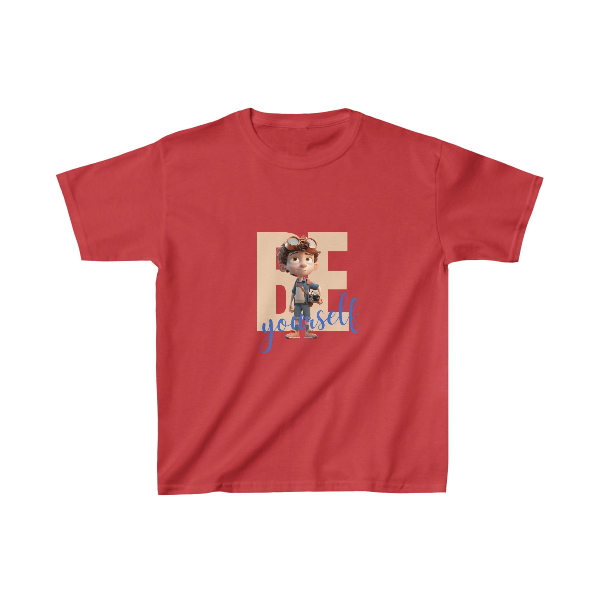 Youth Boy red T-Shirt with "Be Yourself" inspired graphic on front.