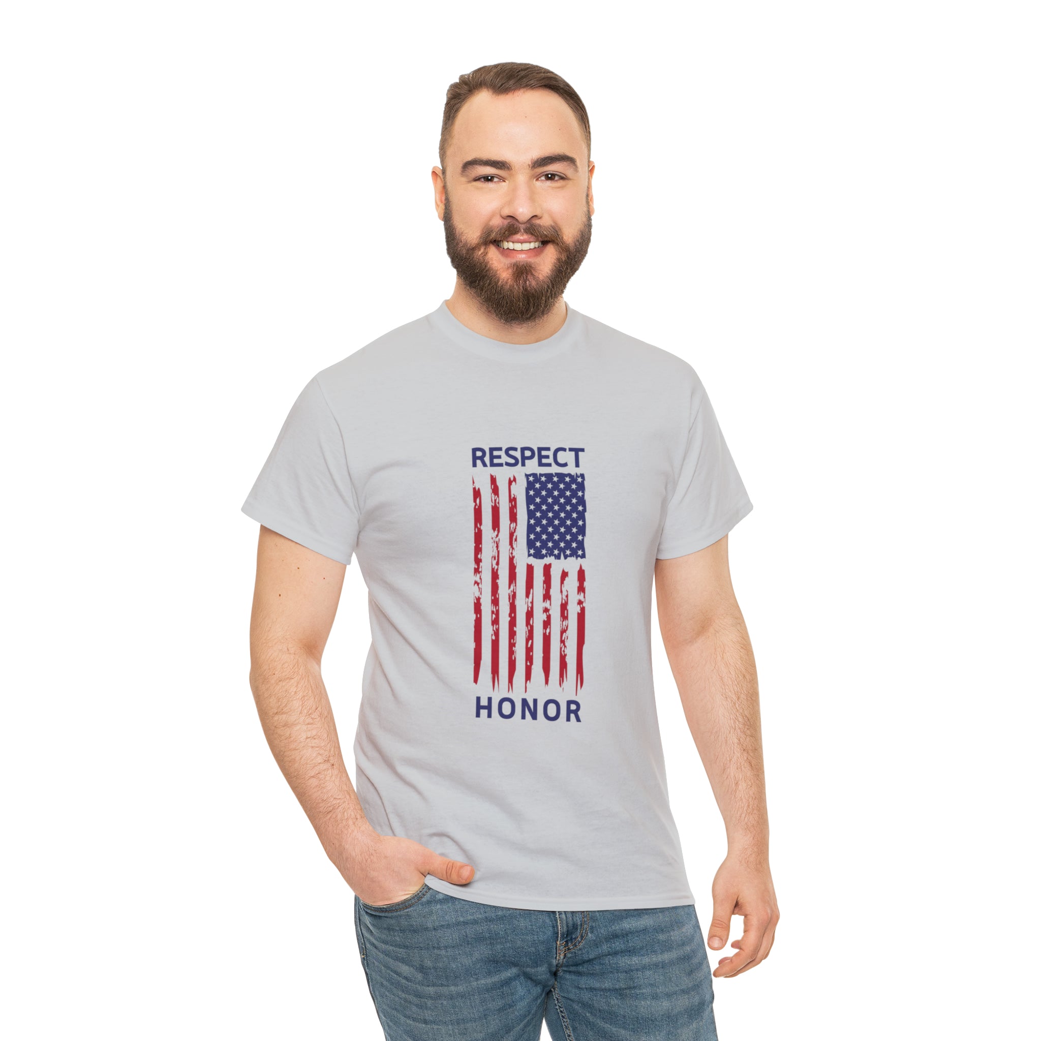 Adult male wearing sports grey T-Shirt with "Respect Honor" Inspired Rustic American Flag on front.