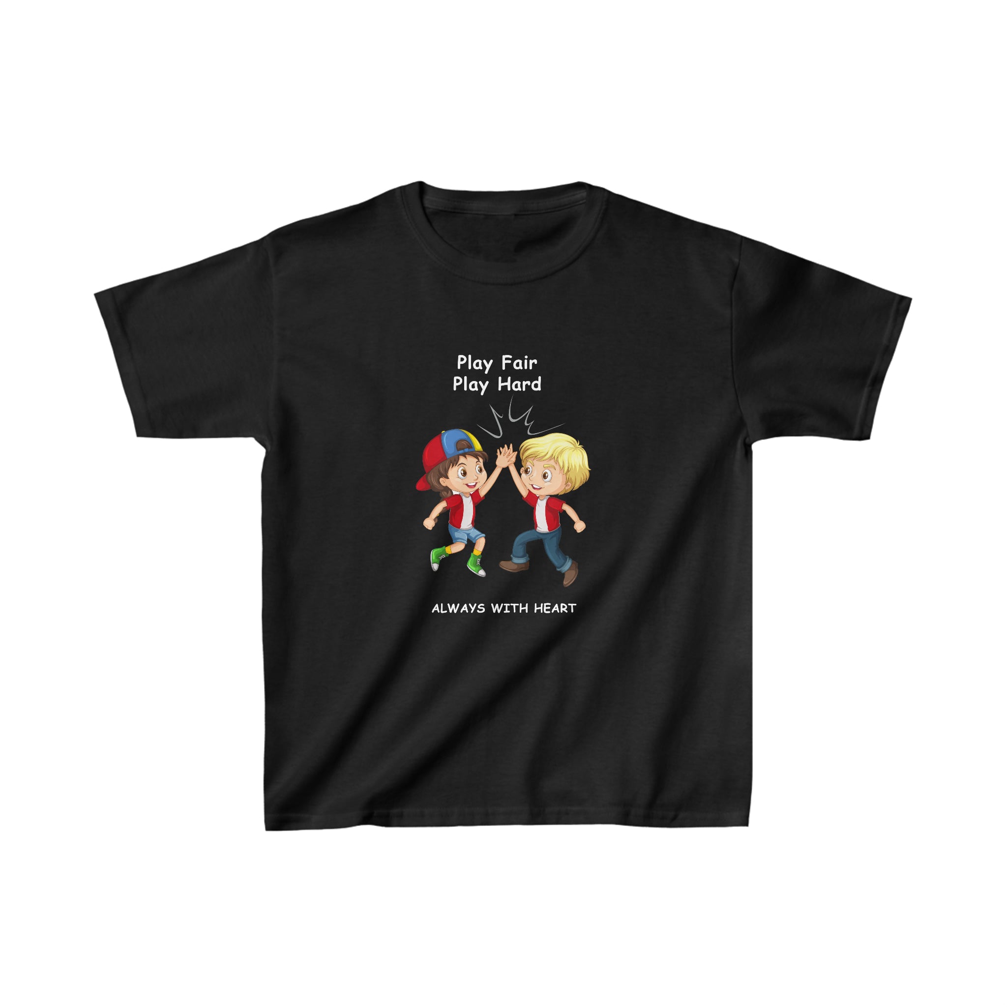 Youth unisex black T-shirt with " Play Fair Play Hard Always with Heart" inspired graphic