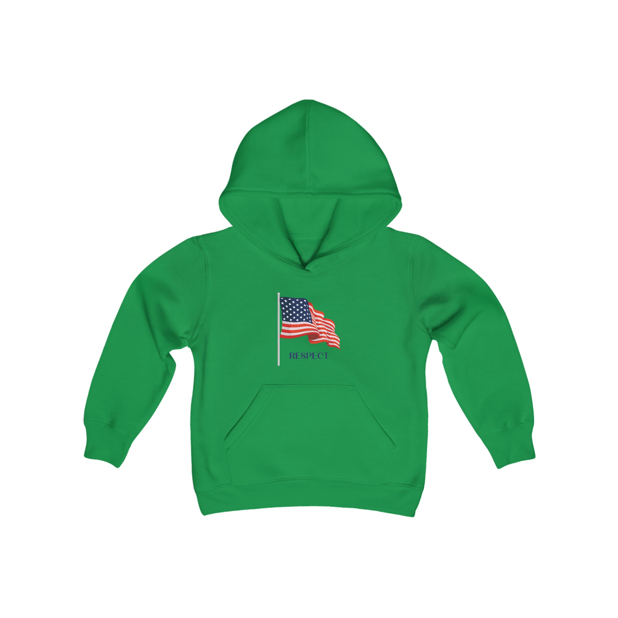 Youth unisex Irish green hoodie with "Respect" inspired American Flag on front.