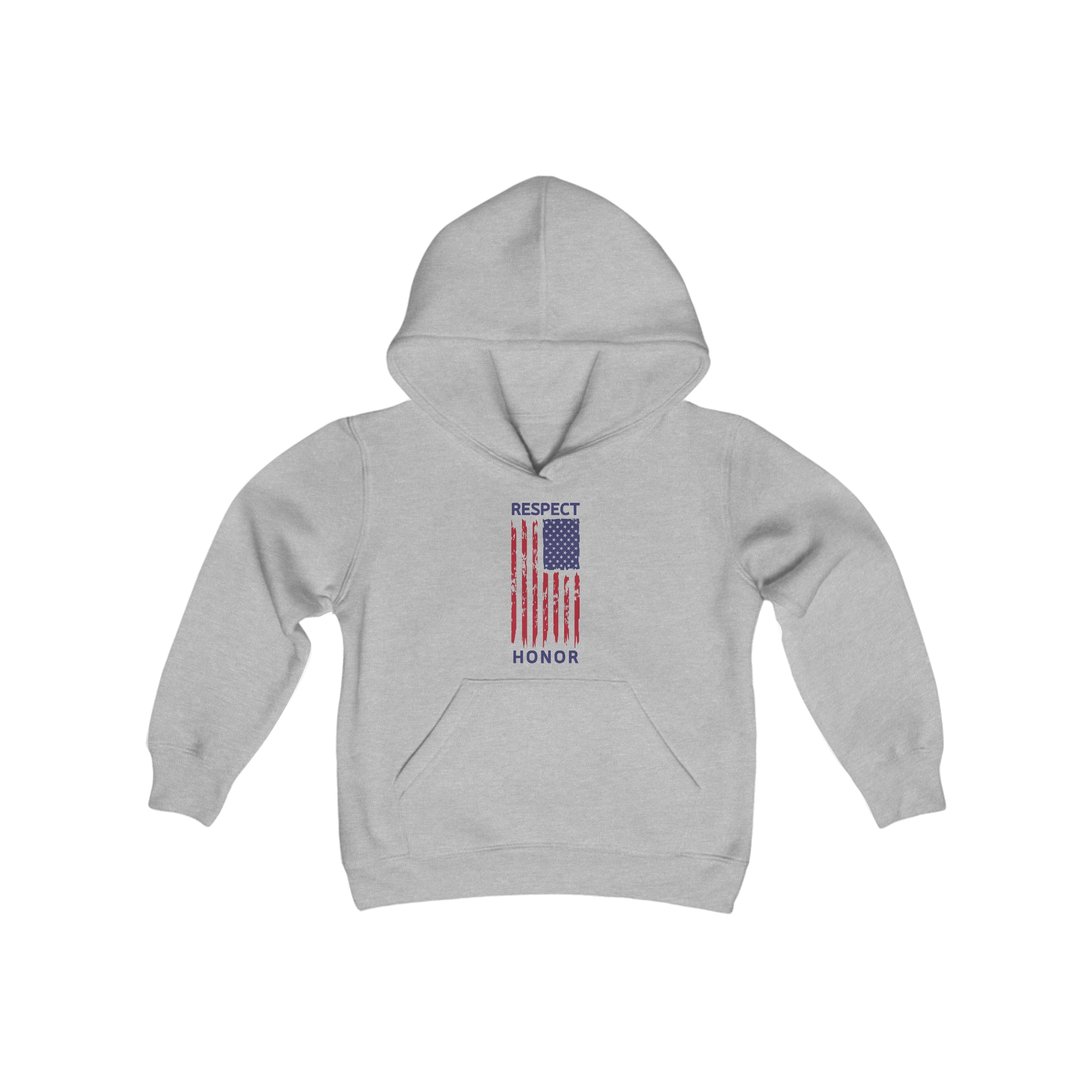 Youth unisex sports grey hoodie with "Respect and Honor " inspired Rustic Flag on front.