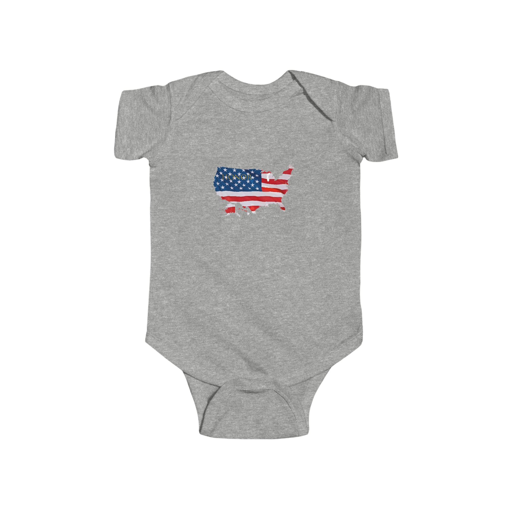 Infant unisex sports grey onesie with "Honor USA" inspired American as a Flag graphic on front.