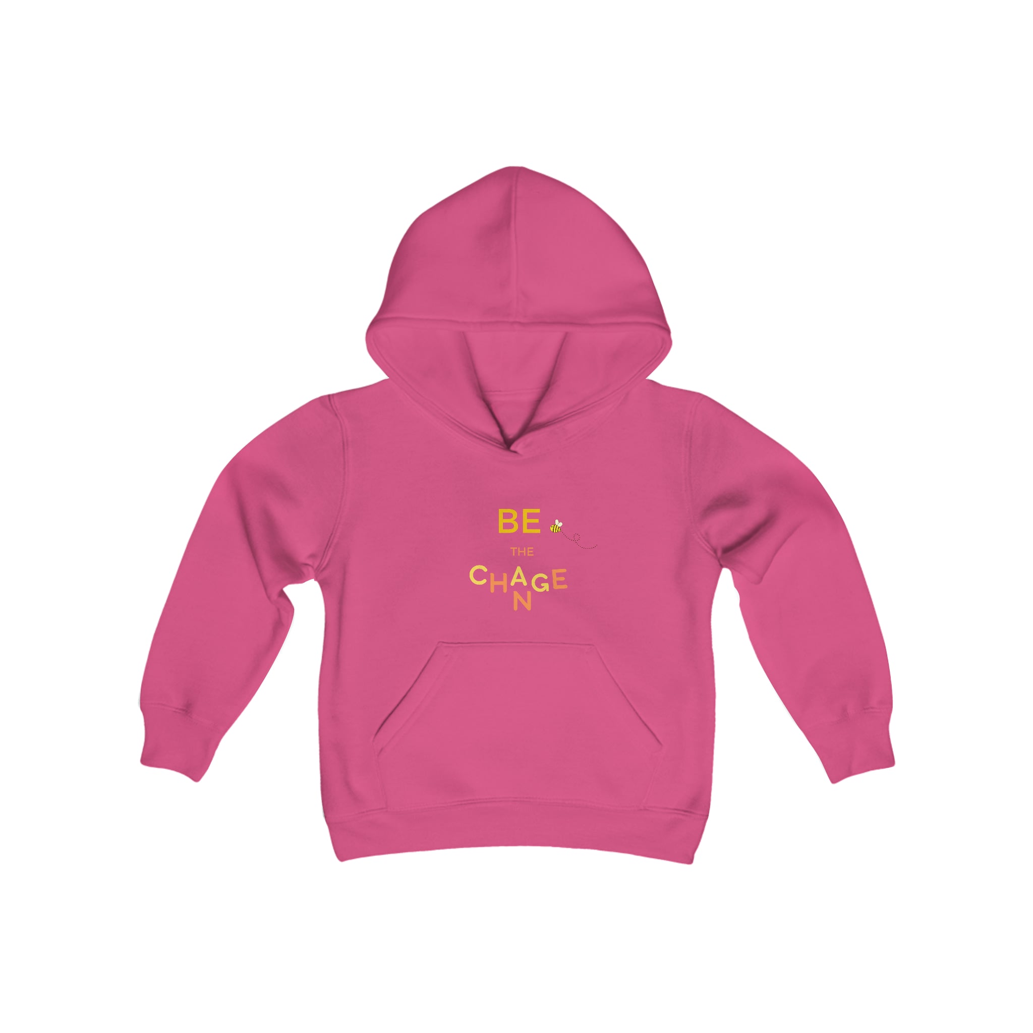 Youth unisex heliconia hoodie with "Be The Change" motivational image on front.