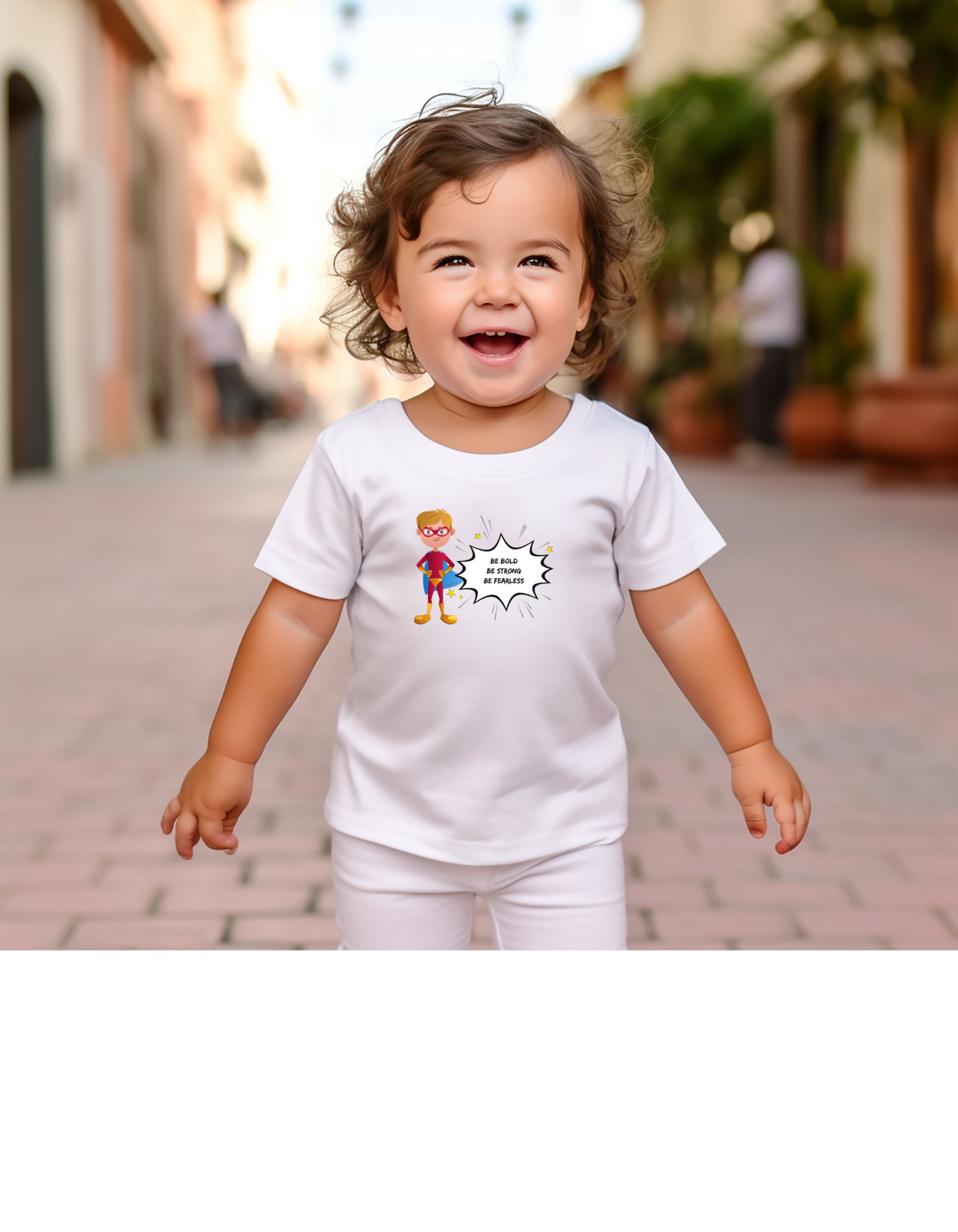 Toddler Boy wearing white T-shirt with "Be Bold Be Strong Be Fearless " superhero inspired graphic on front.