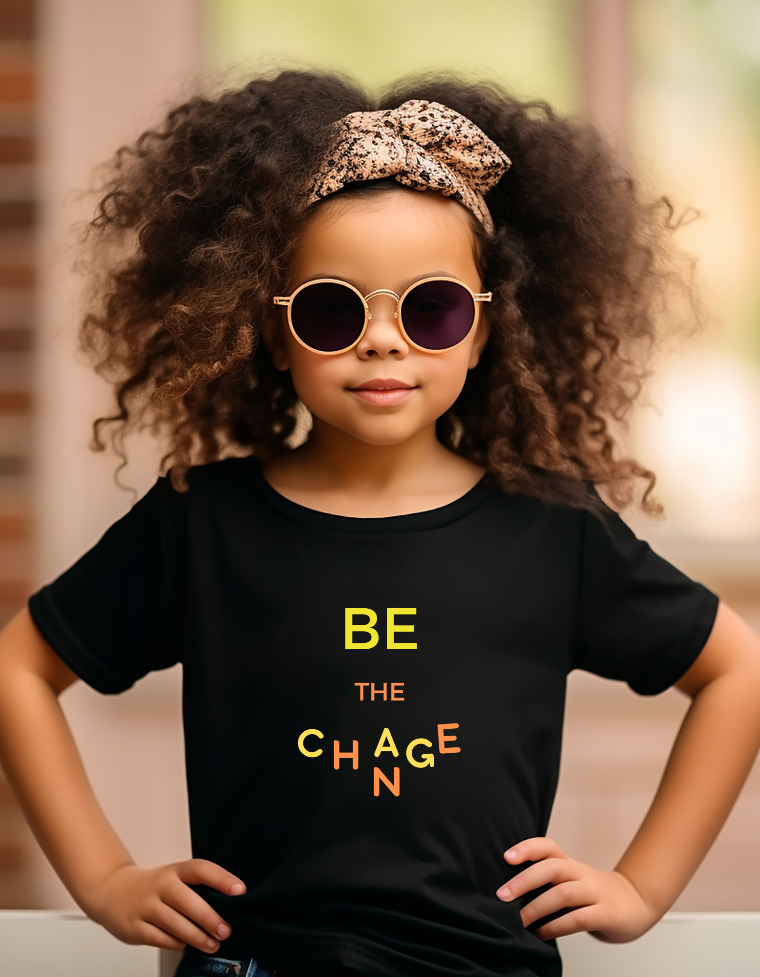 Youth girl wearing black T-shirt with "Be The Change" motivational image on front.