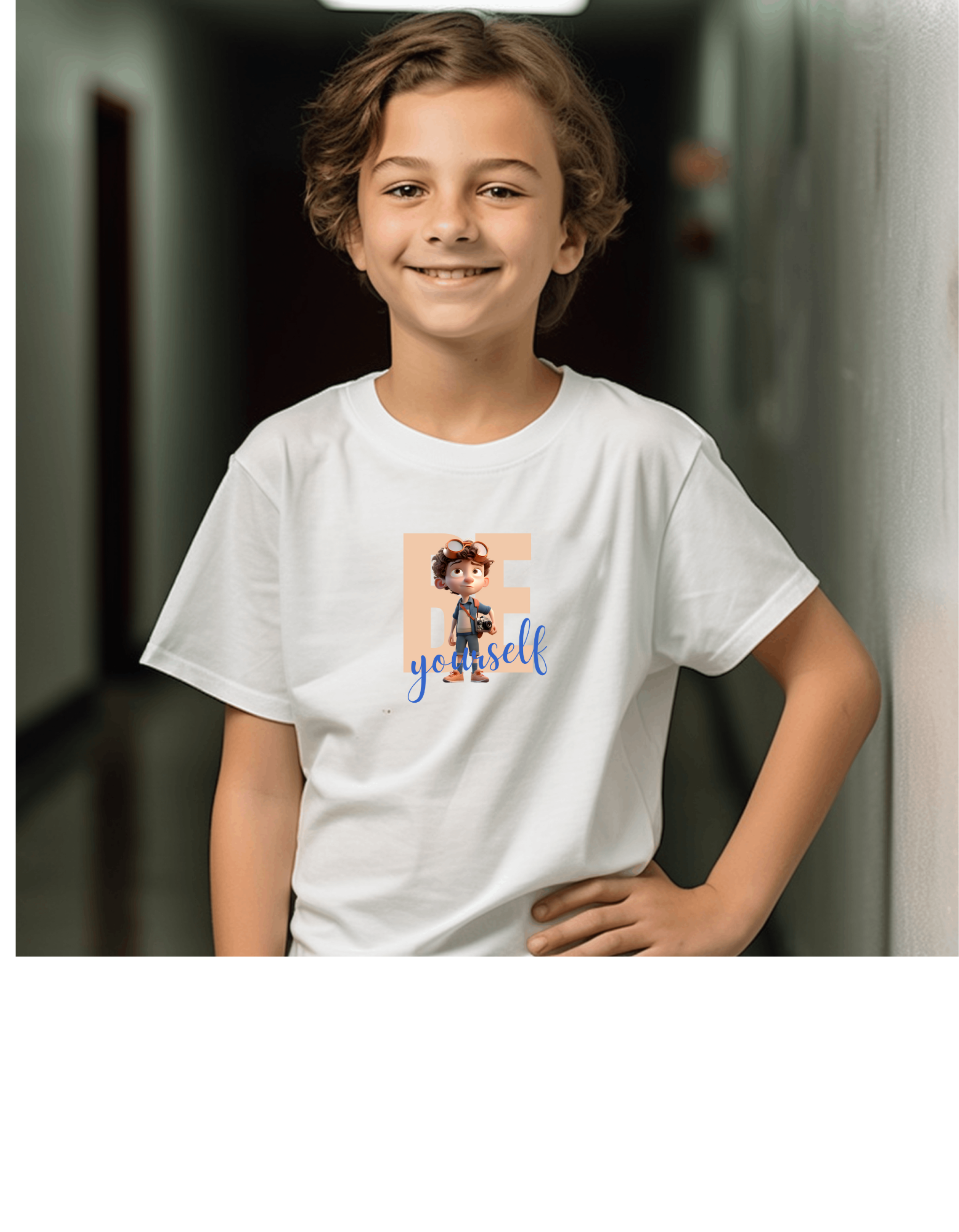 Youth Boy wearing white T-Shirt with "Be Yourself" inspired graphic on front.