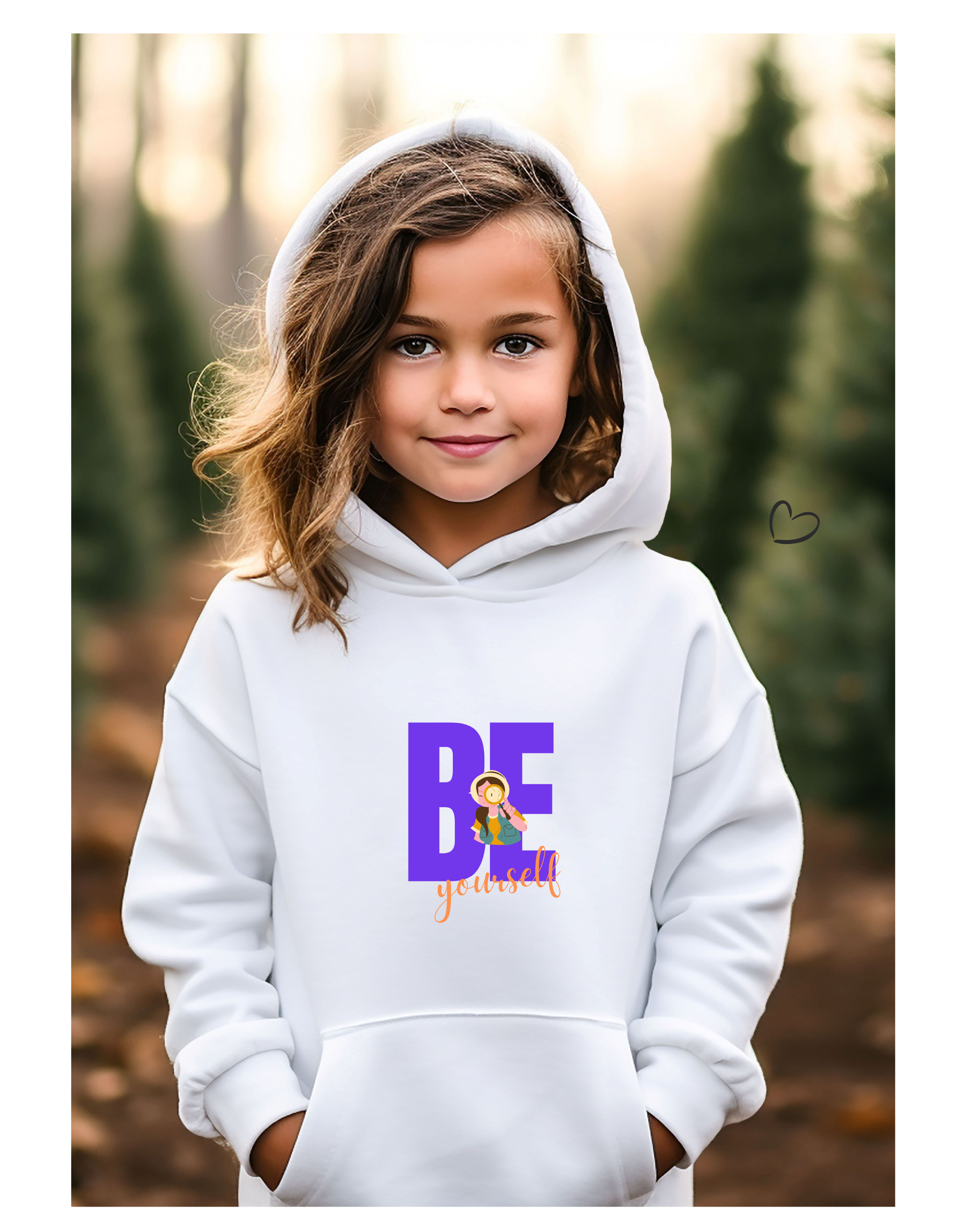 Youth girl wearing white hoodie with "Be Yourself" motivational image on front.