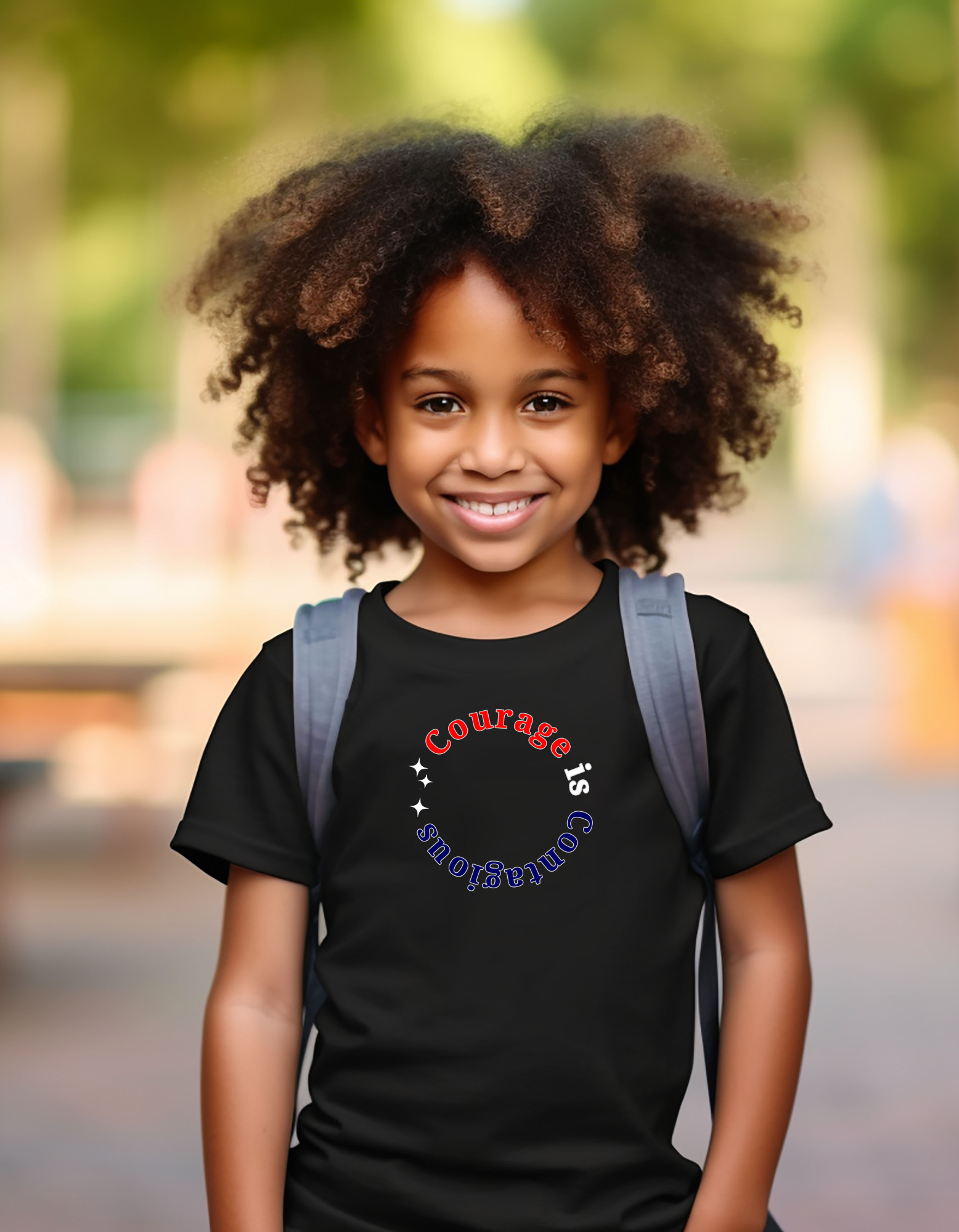 Youth boy wearing black T-shirt " Courage is Contagious" inspired message on front.
