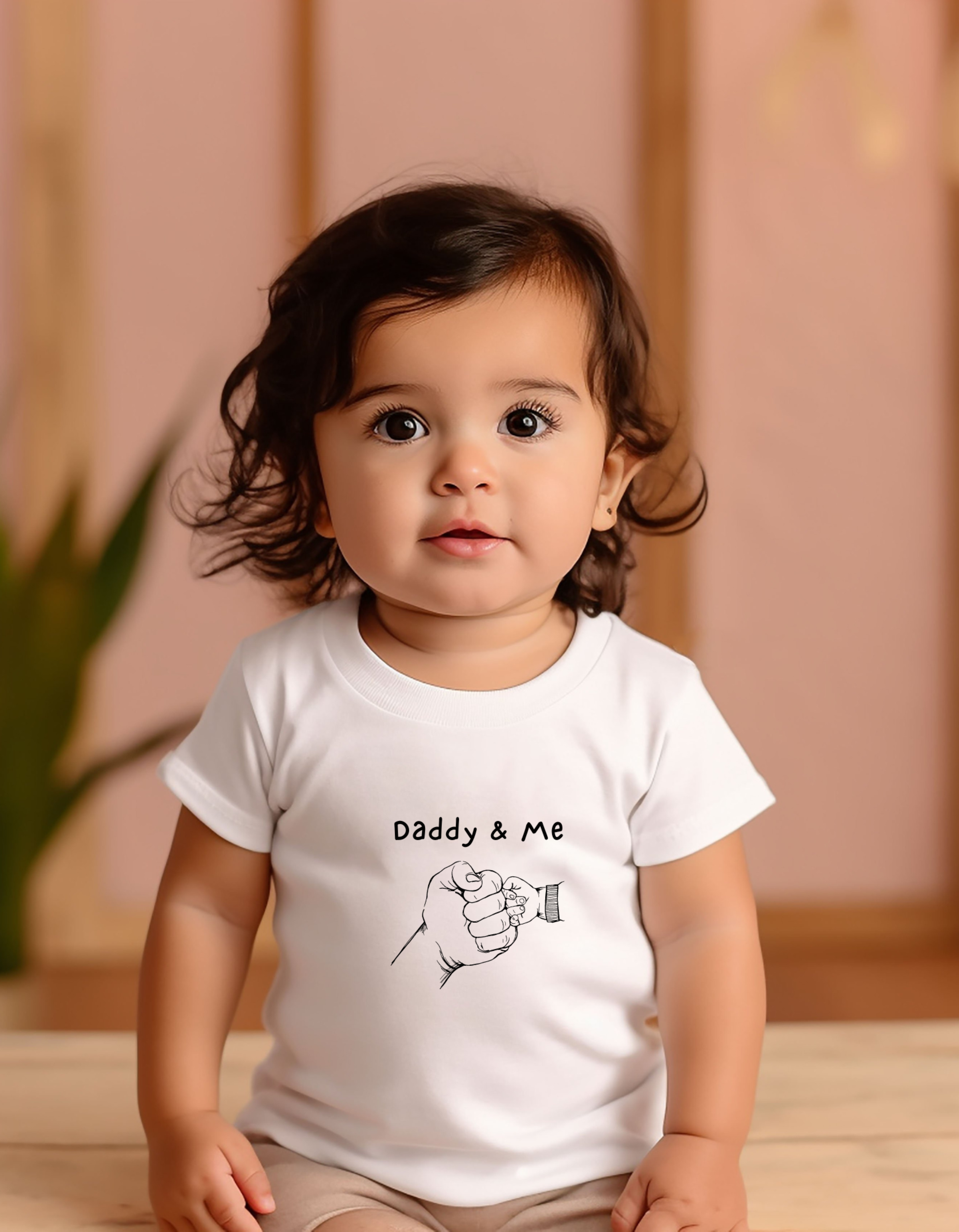 Infant girl wearing white T-Shirt with "Daddy & Me" inspired fist bump graphic on front.