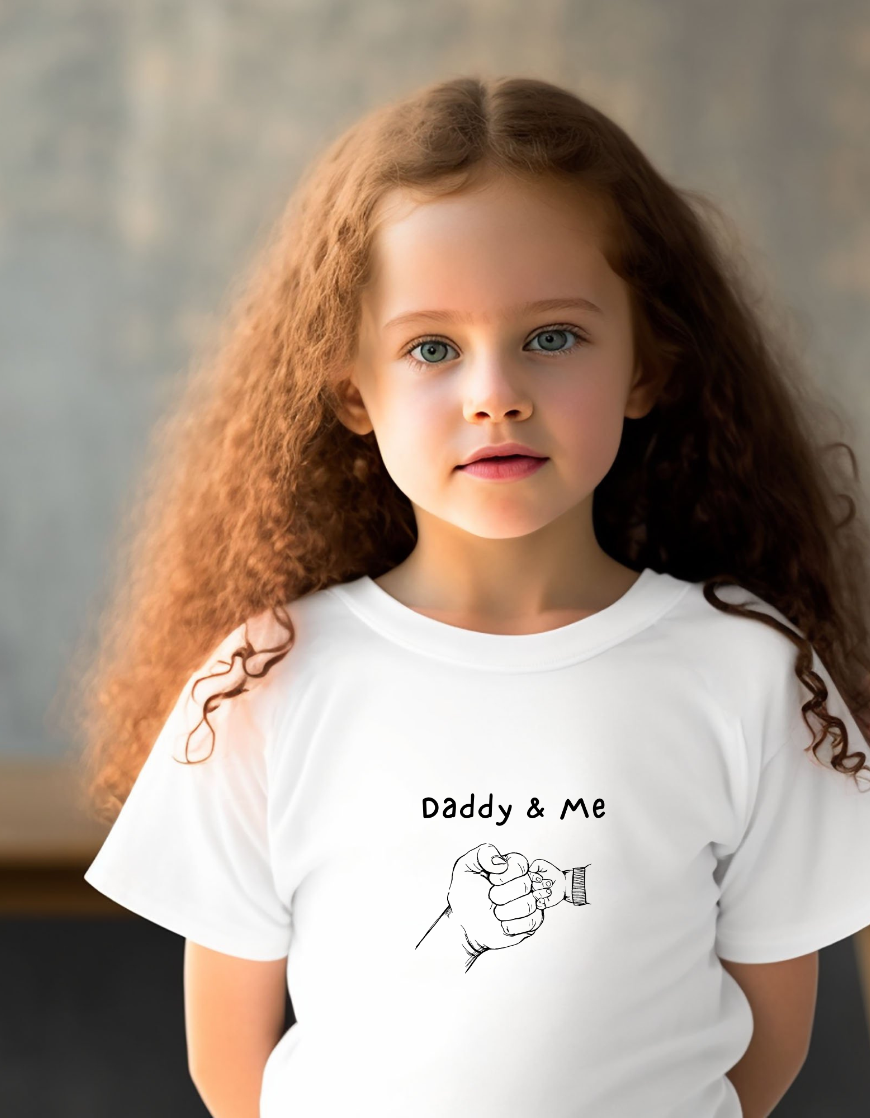 Youth girl wearing white T-Shirt with "Daddy & Me" inspired fist bump graphic on front.