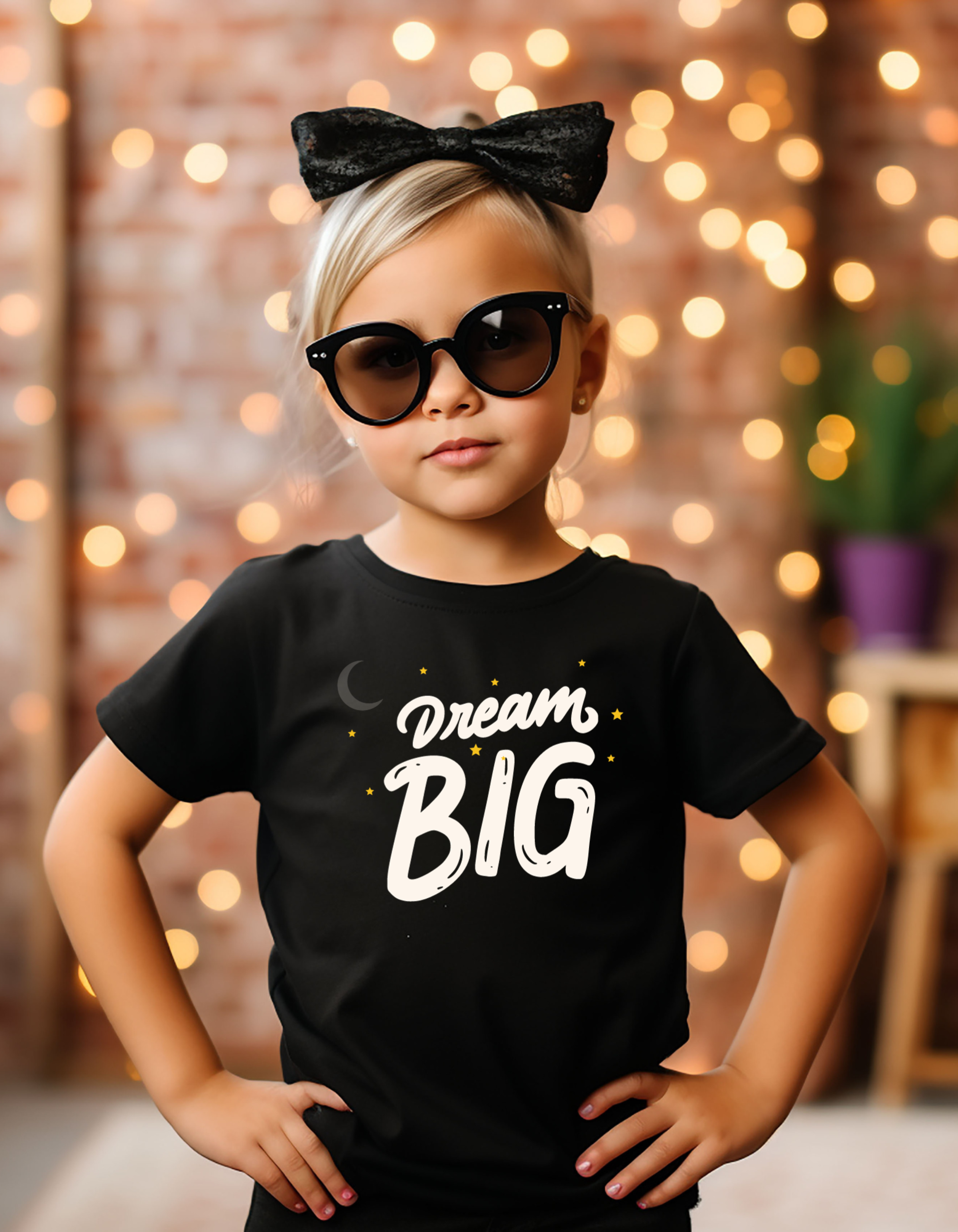 Youth Girl Model Wearing Black T-shirt with Dream Big Image on front.