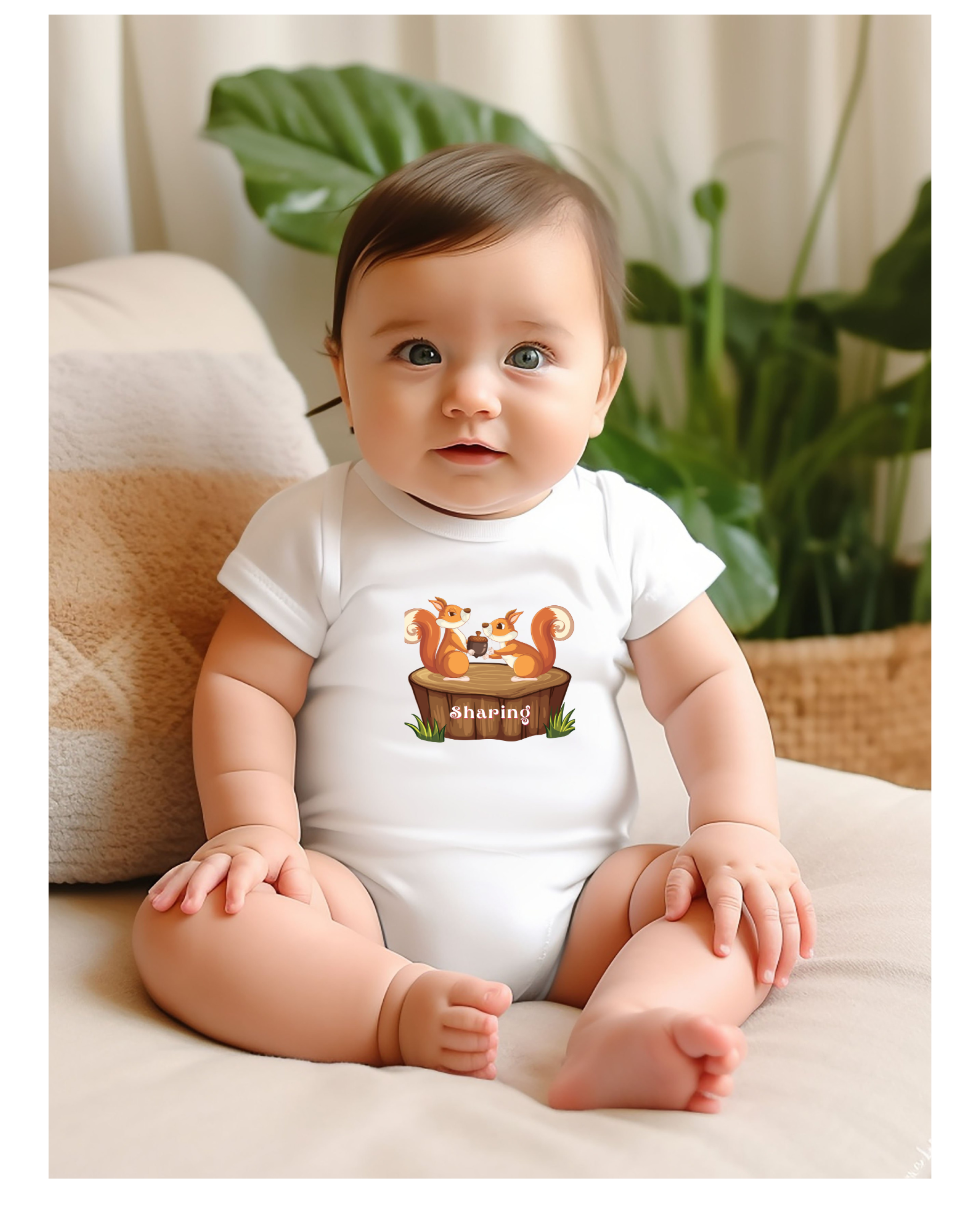 Infant boy wearing white onesie with "Sharing" inspired two squirrels graphic on front.