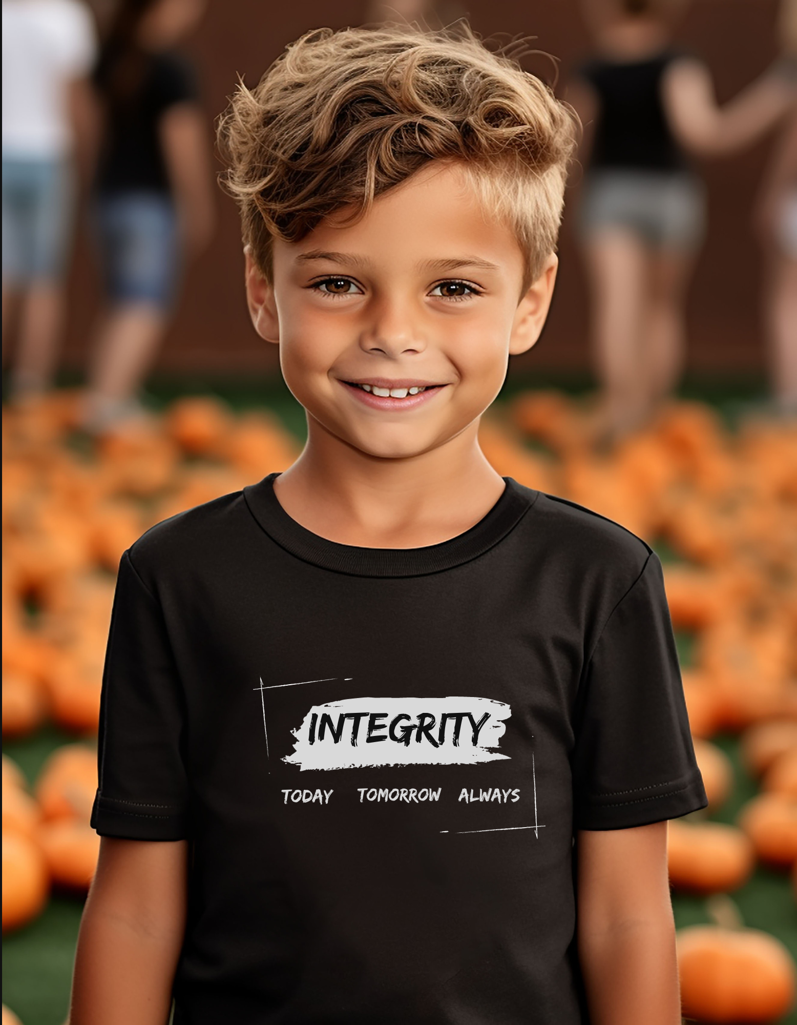 Youth boy wearing black T-Shirt " Integrity Today Tomorrow Always" inspired image.