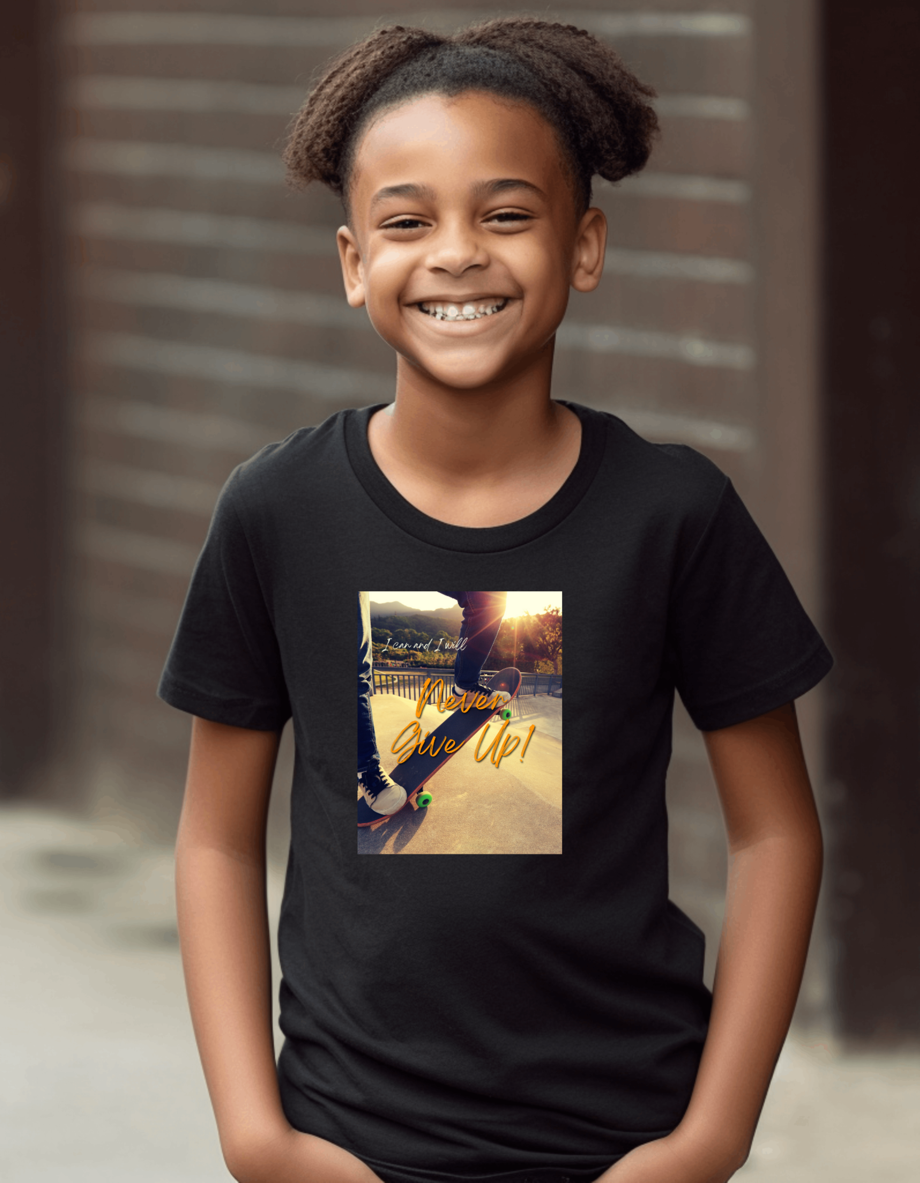 Male Youth wearing a T-shirt with " I can I will Never Give Up" Motivational graphic on front.