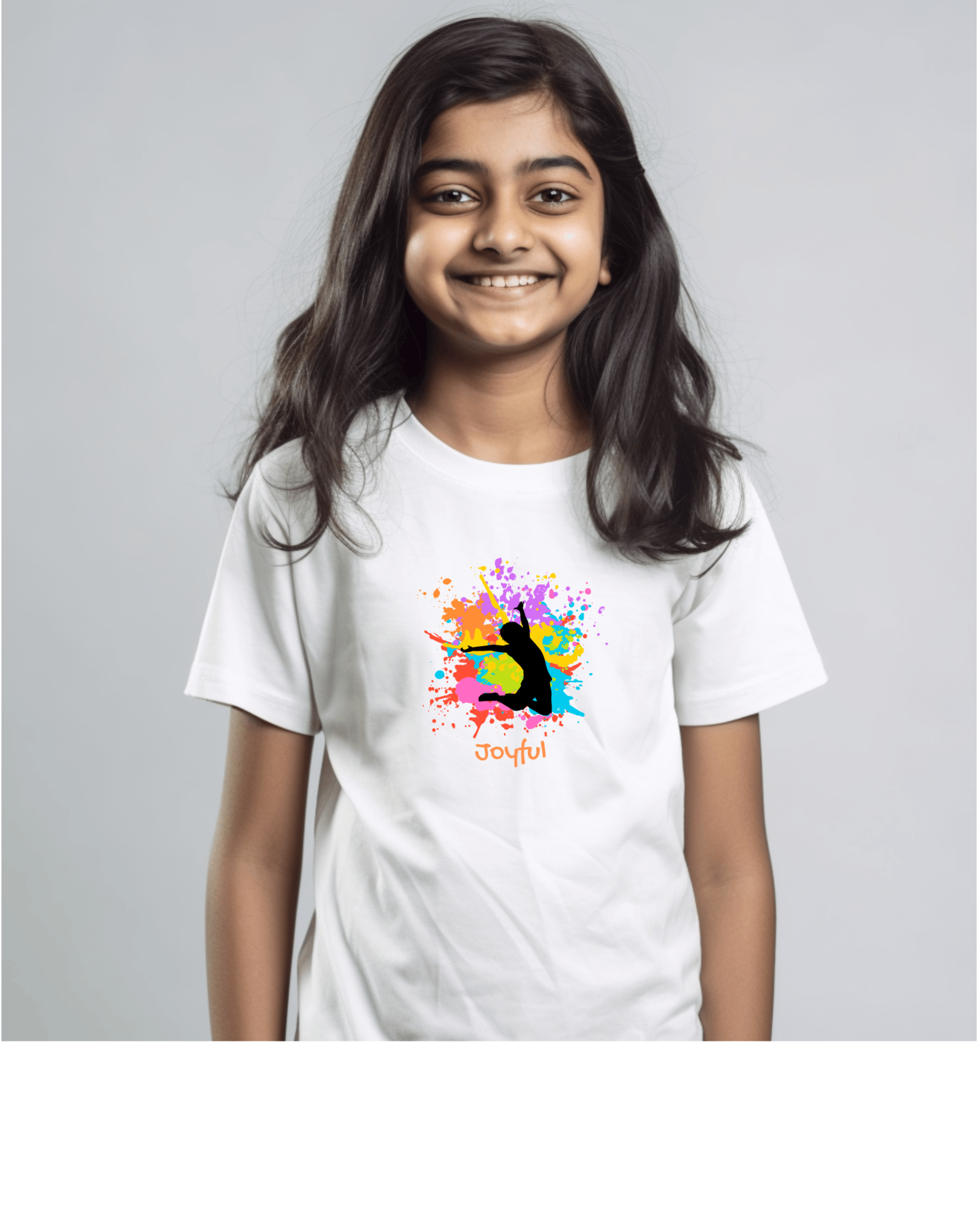 Youth girl wearing white T-Shirts with" Joyful" inspired graphic on front.