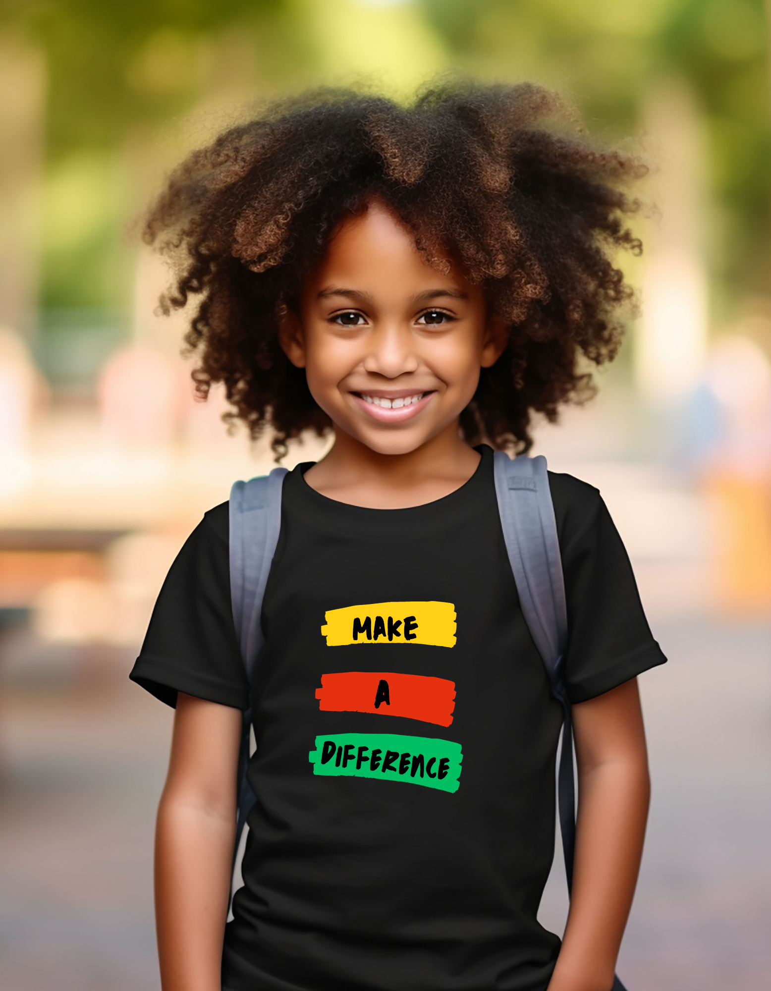 Youth boy wearing black T-Shirt " Make A Difference" inspired images.