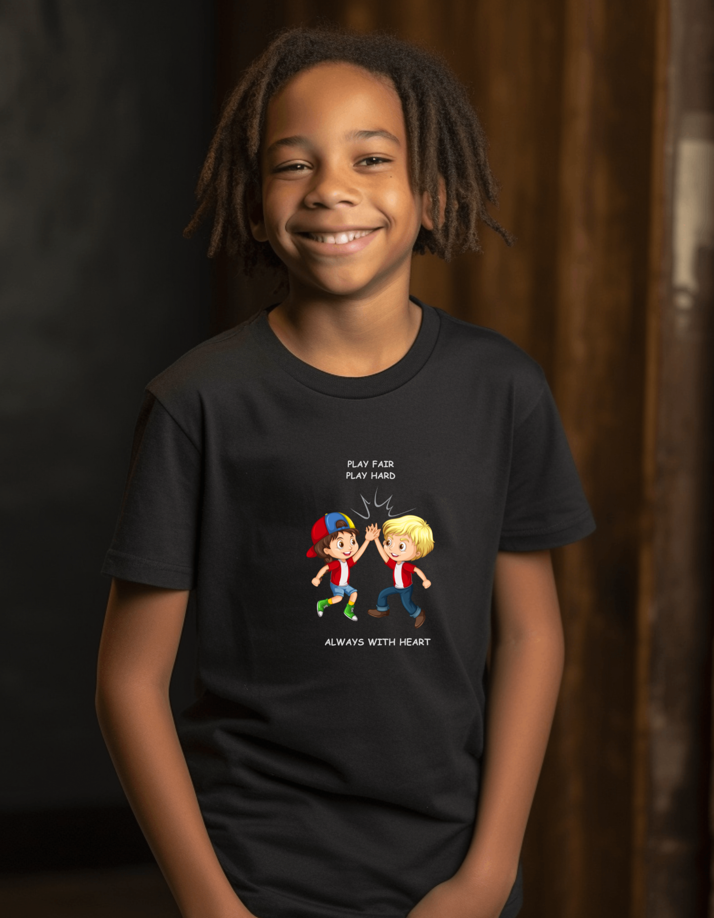 Youth boy wearing black T-shirt with " Play Fair Play Hard Always with Heart" inspired graphic