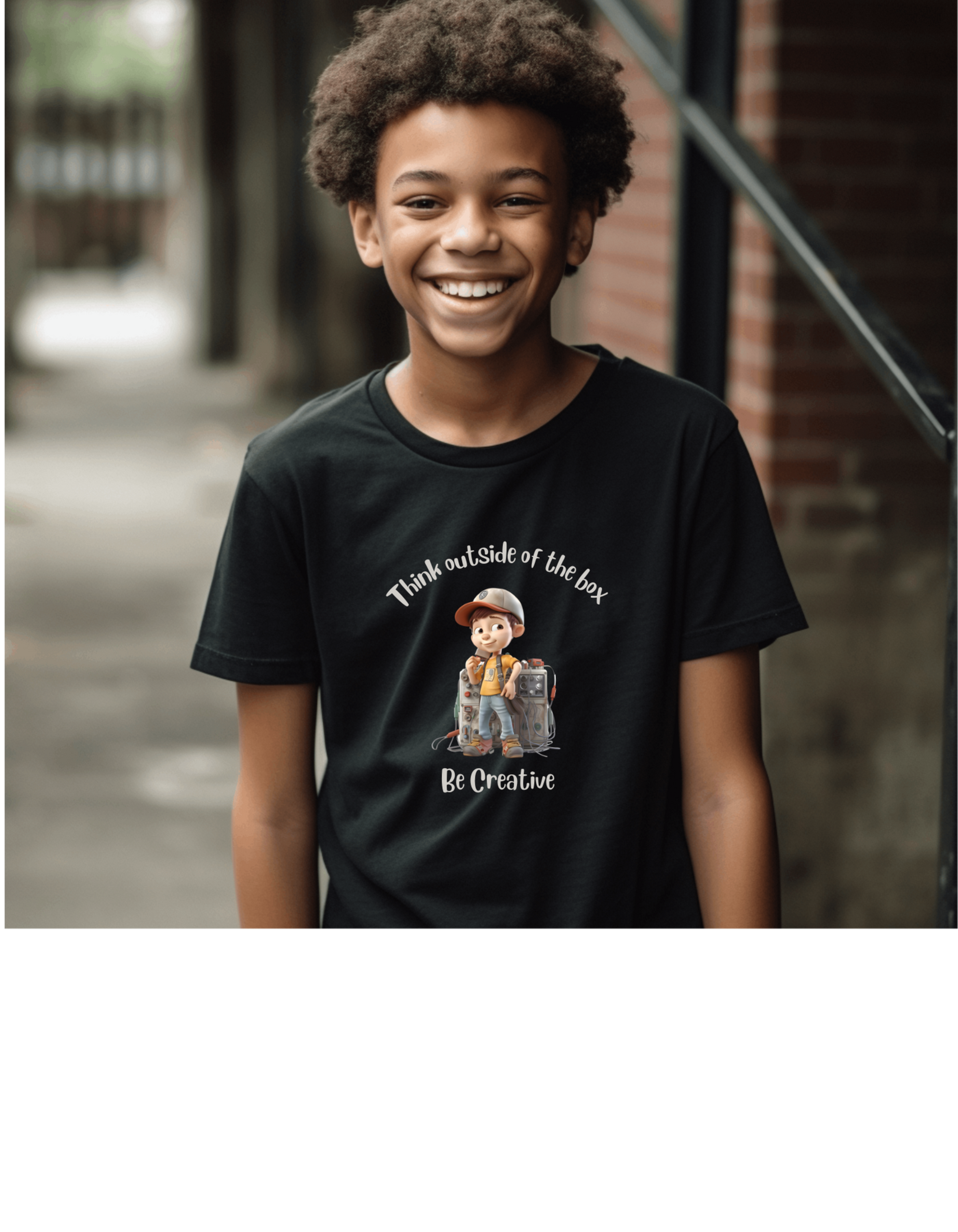 Youth Boy wearing black T-Shirt with " Think outside of the box Be Creative" inspired graphic.
