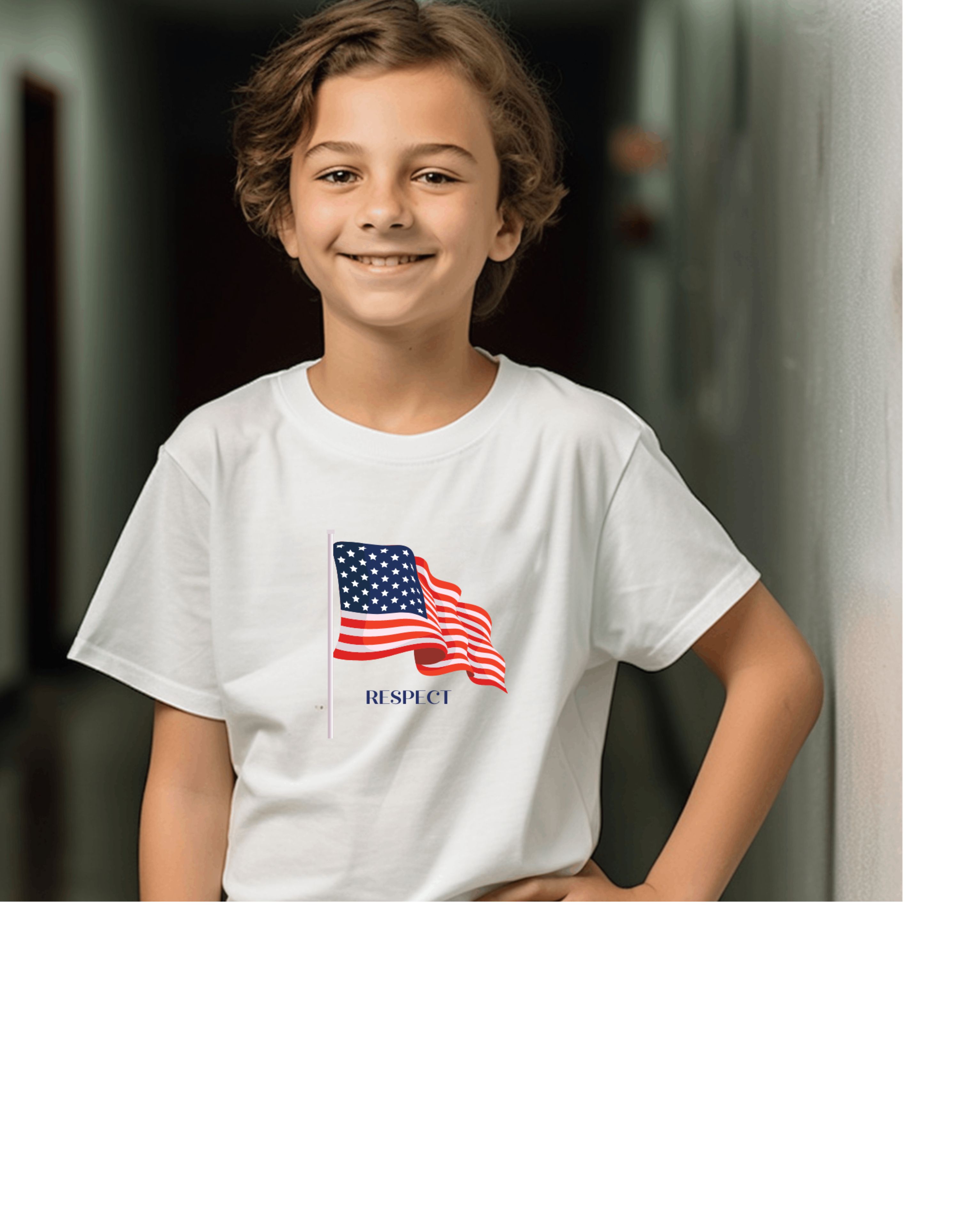 Youth boy wearing white T-Shirt with "Respect" inspired American Flag on front.