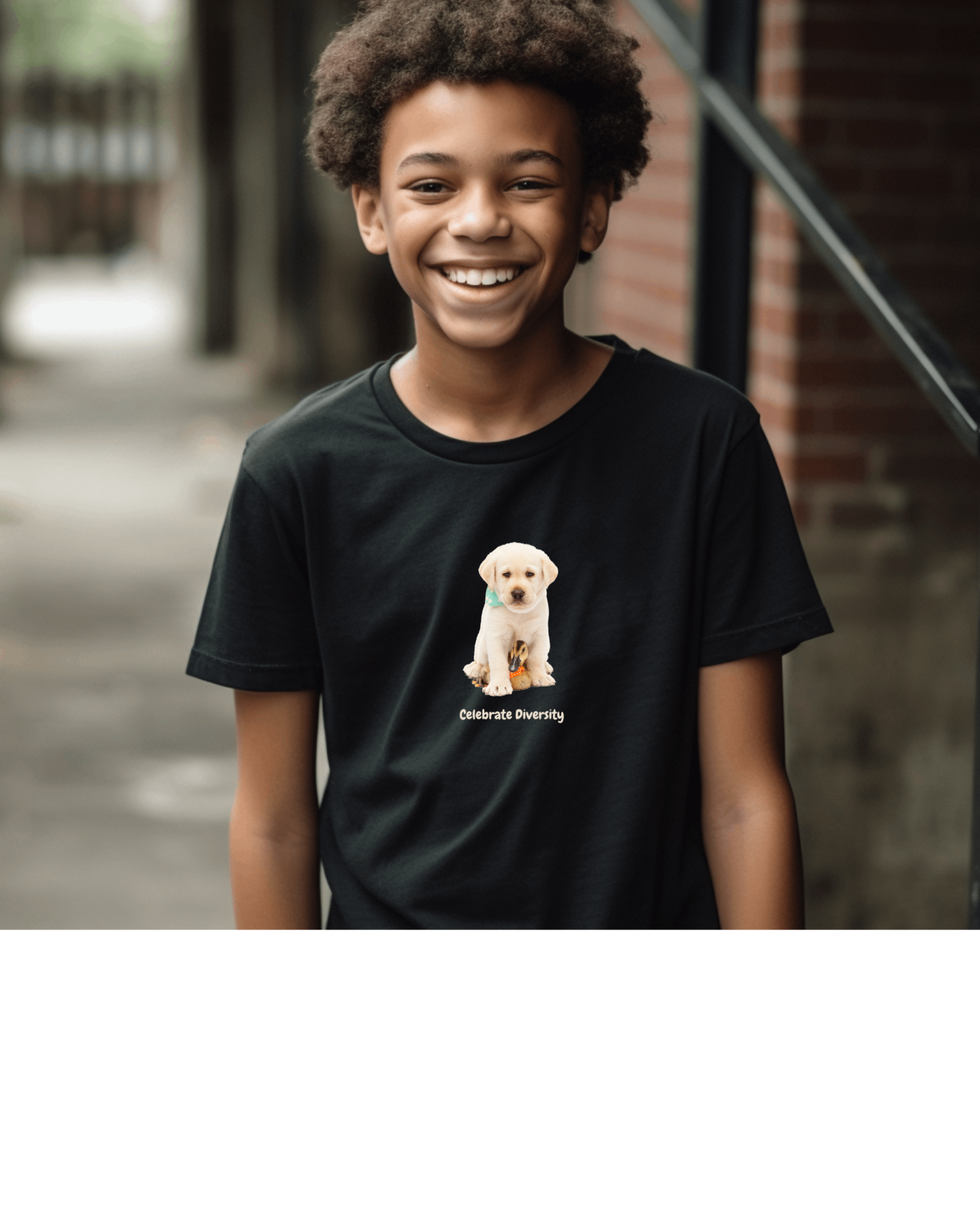 Youth Boy wearing black unisex T-Shirt with "Celebrate Diversity" inspired graphic with puppy and duck on front.