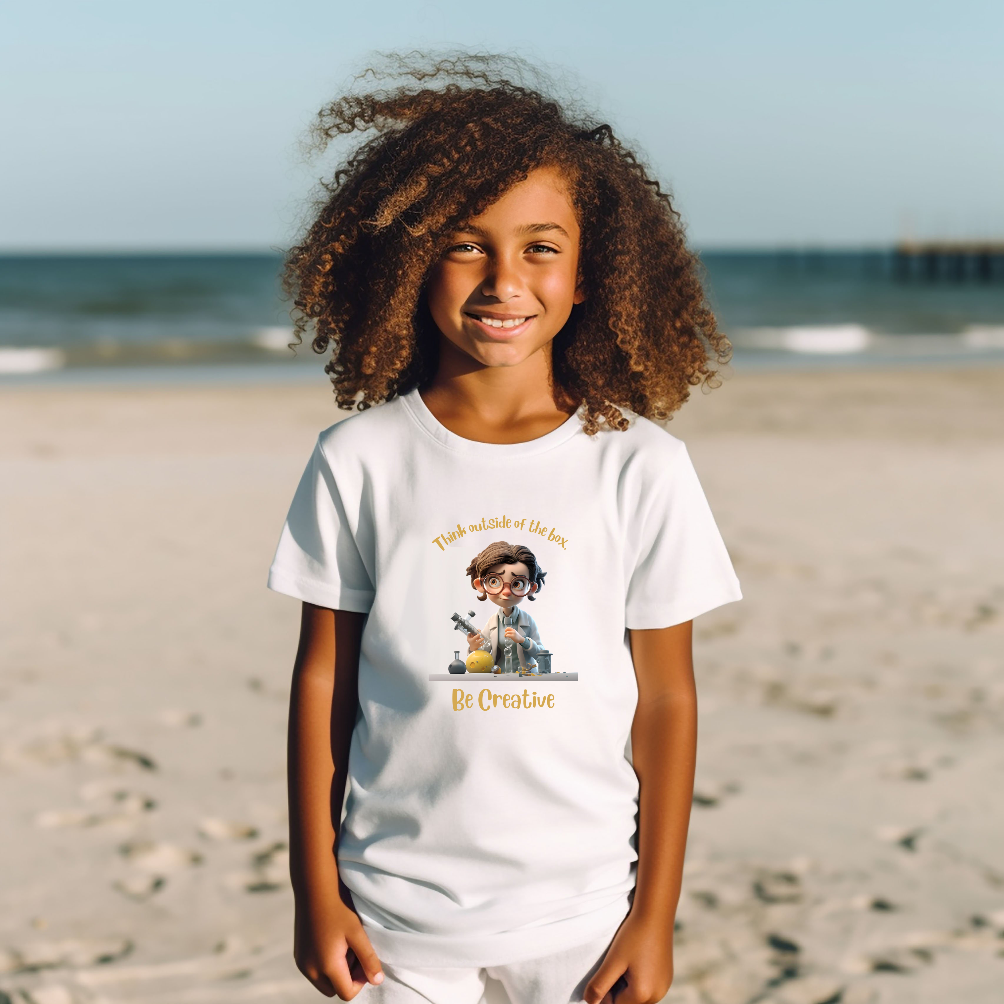 Youth girl wearing white T-Shirt with " Think outside the box Be Creative" inspired graphic on front.