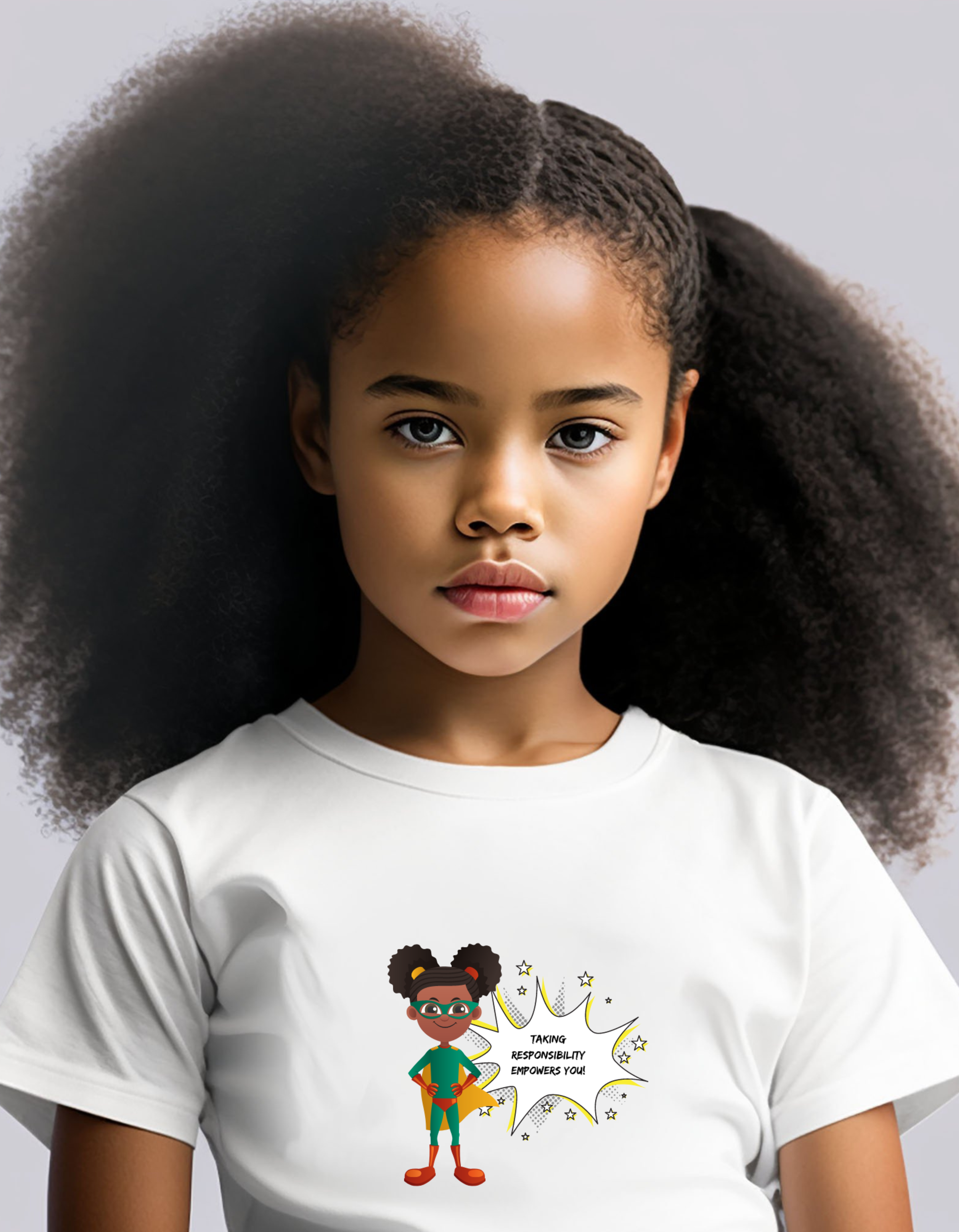 Youth Girl wearing white T-shirt with " Taking responsibility empower you" motivational graphic on front.