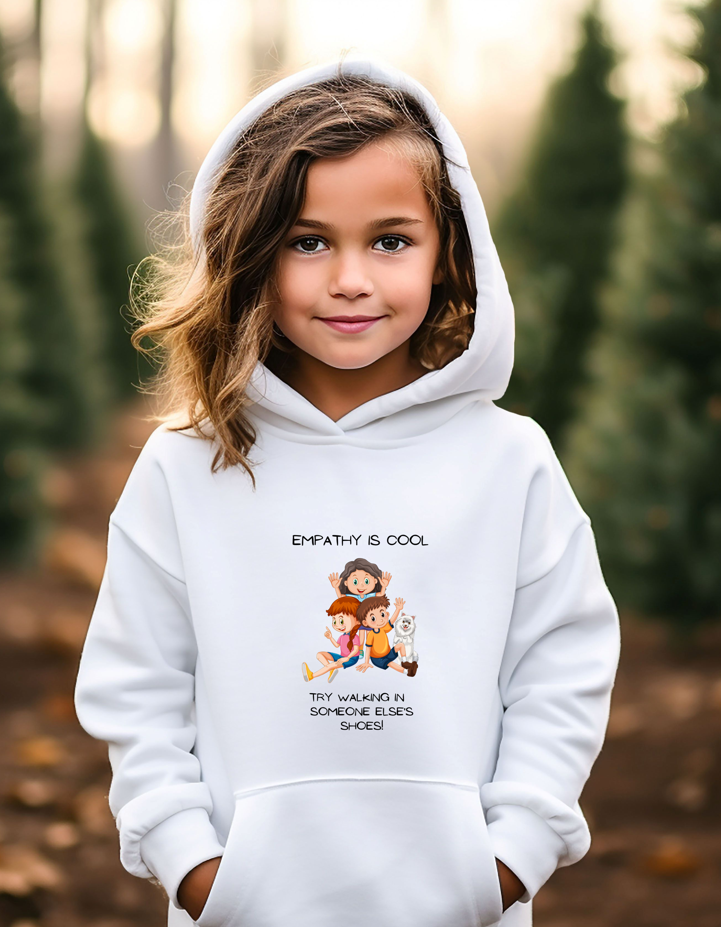 Youth girl wearing white hoodie " Empathy Is Cool Try Walking In Someone Else's Shoes" Inspired message on front.