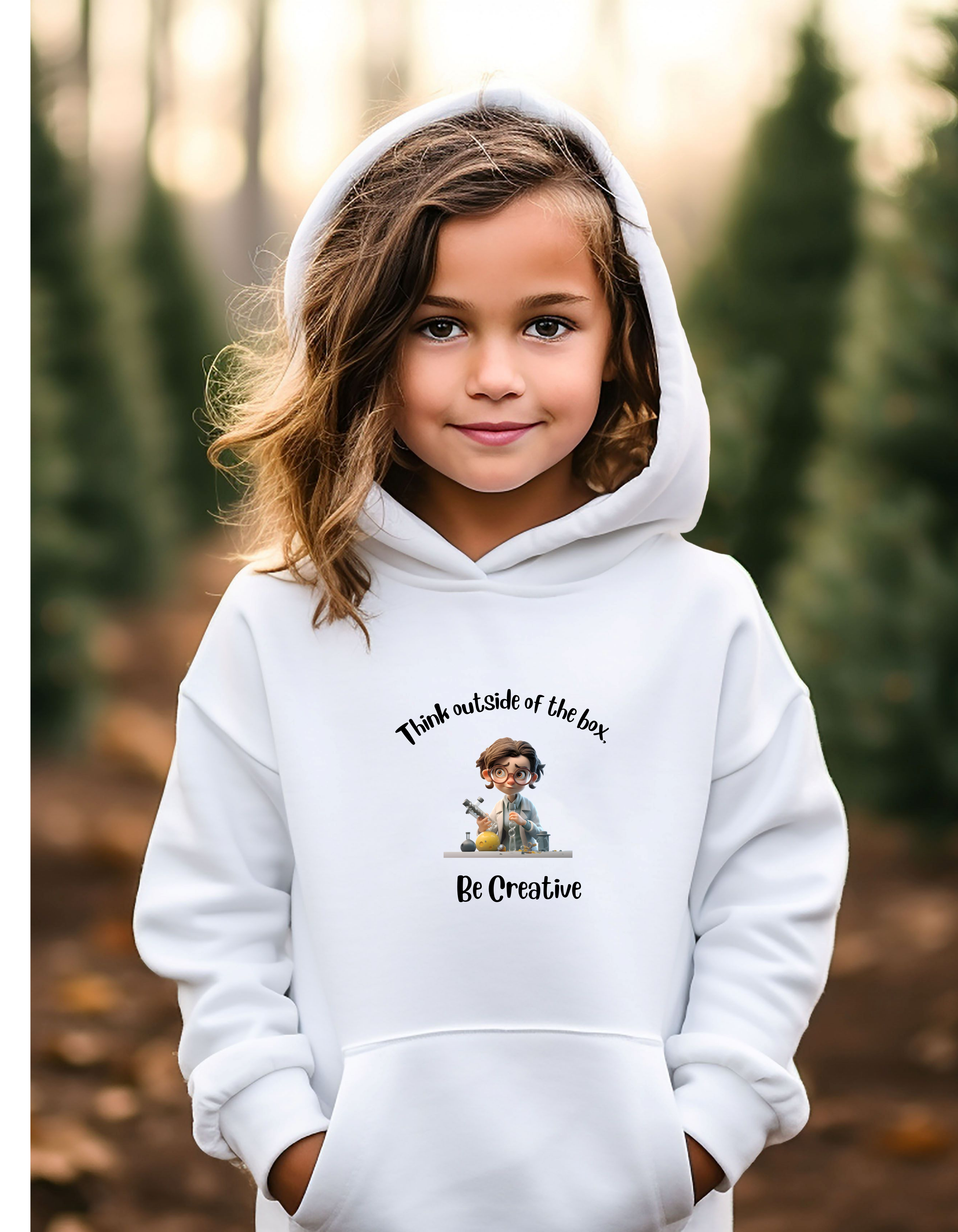 Youth girl wearing white T-Shirt with " Think outside of the box Be Creative" inspired graphic.