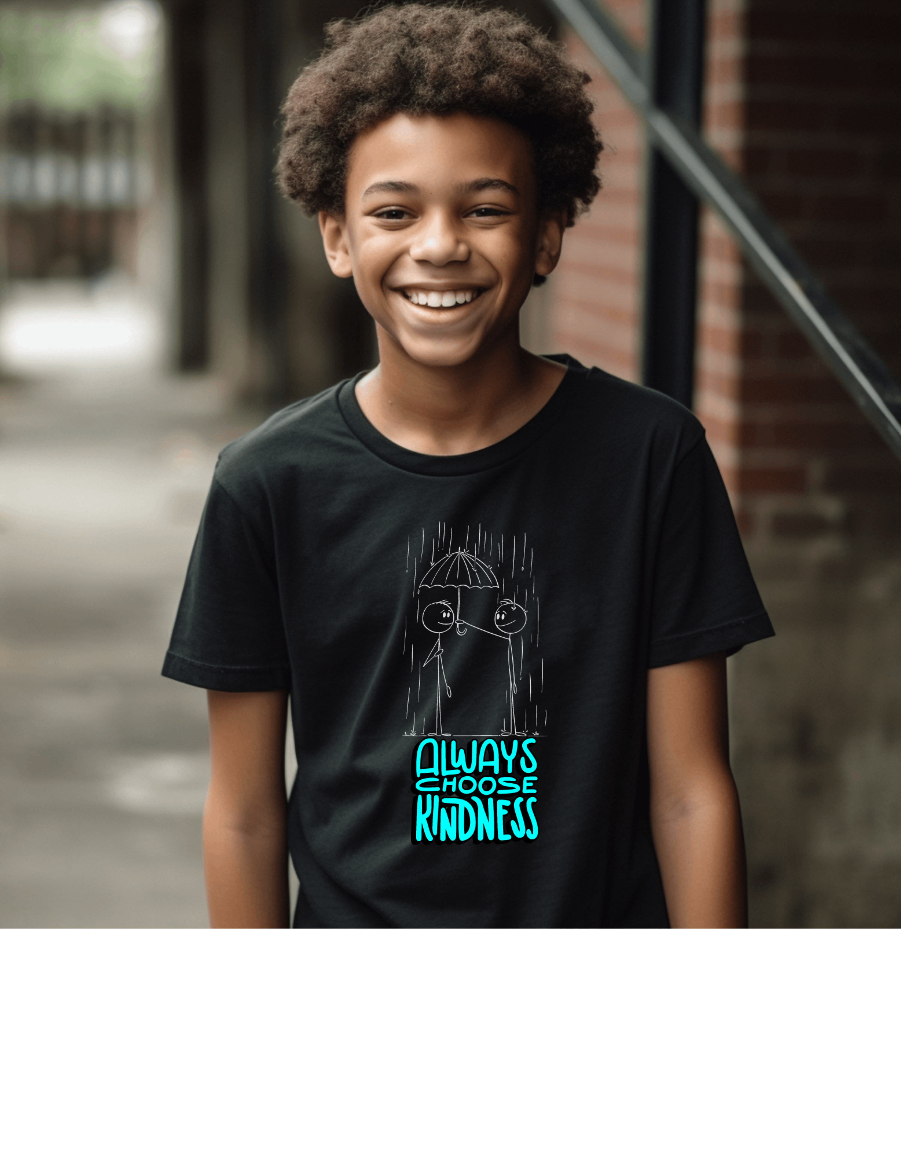 Youth Boy wearing black t-shirt with " Always Choose Kindness" motivational image on front.