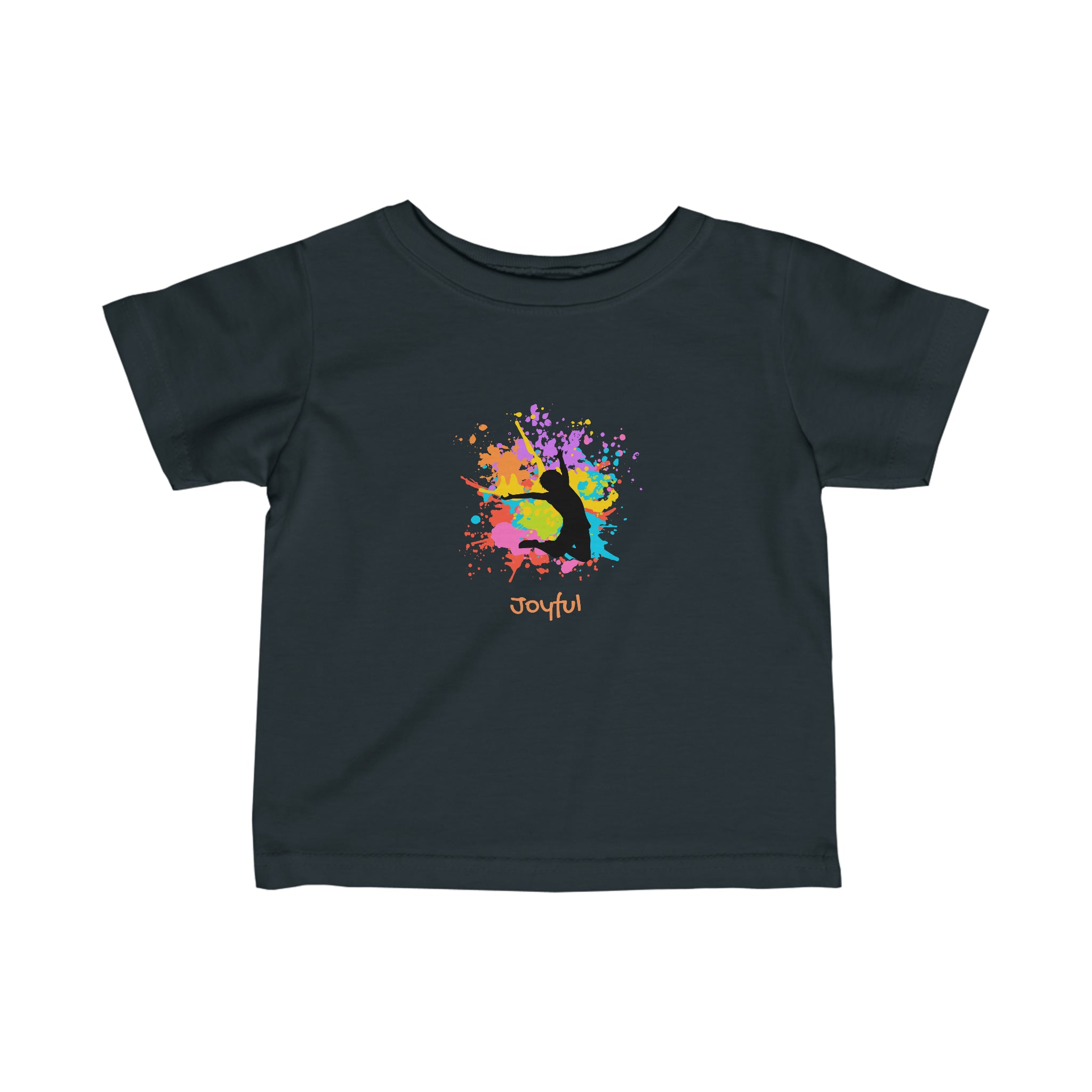 Infant unisex black T-Shirts with" Joyful" inspired graphic on front.