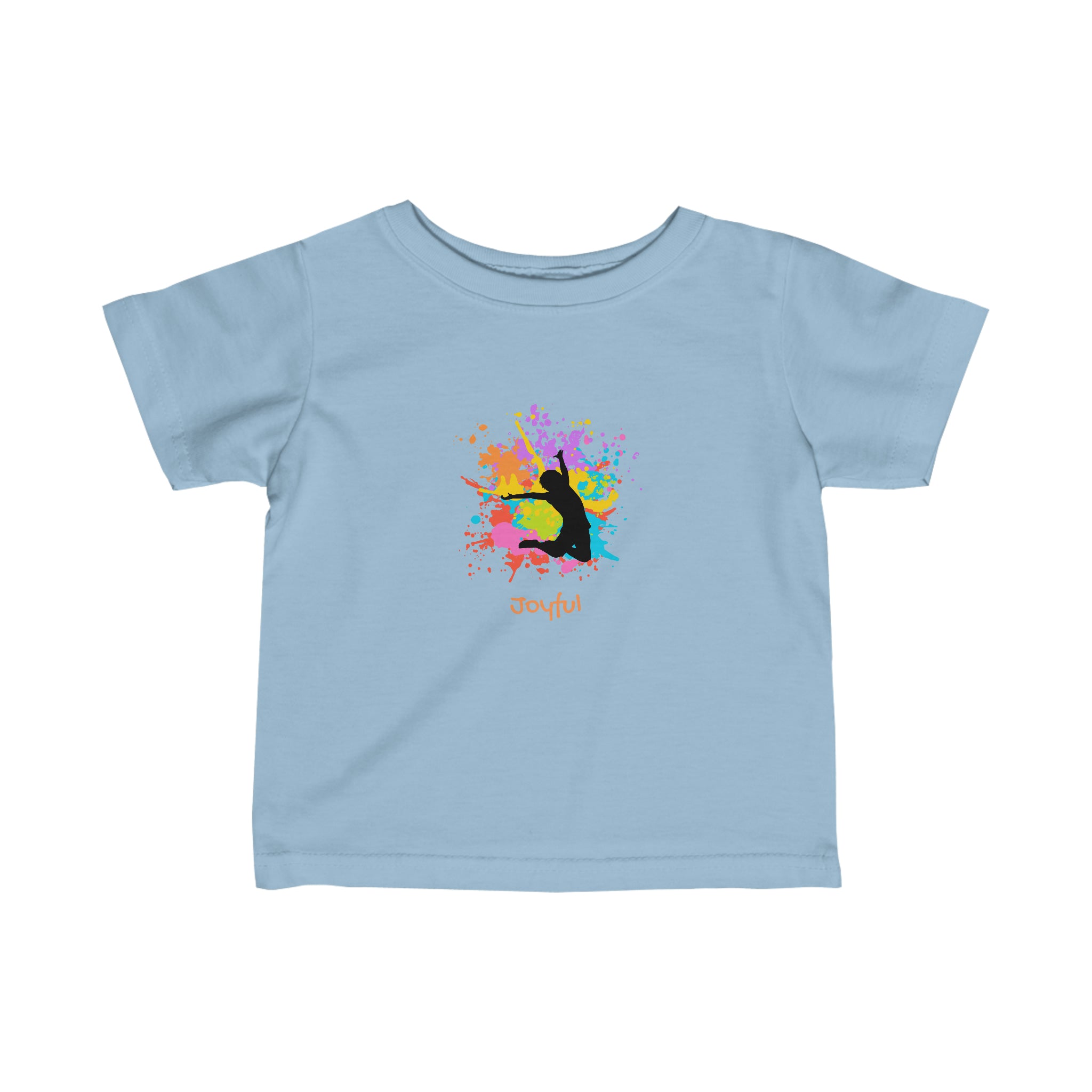 Infant unisex light blue  T-Shirts with" Joyful" inspired graphic on front.