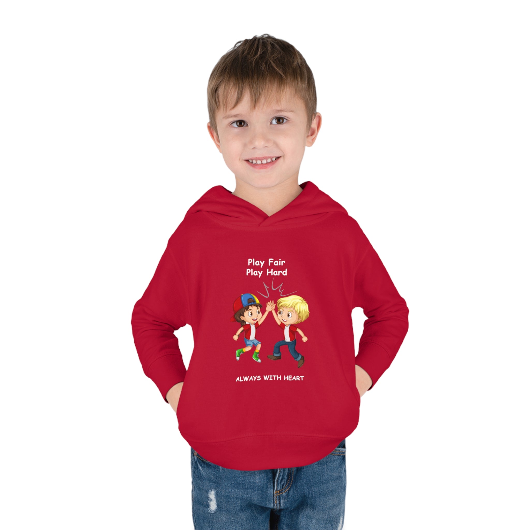 Boy Toddler wearing unisex Red hoodie with " Play Fair Play Hard Always with Heart" inspired graphic