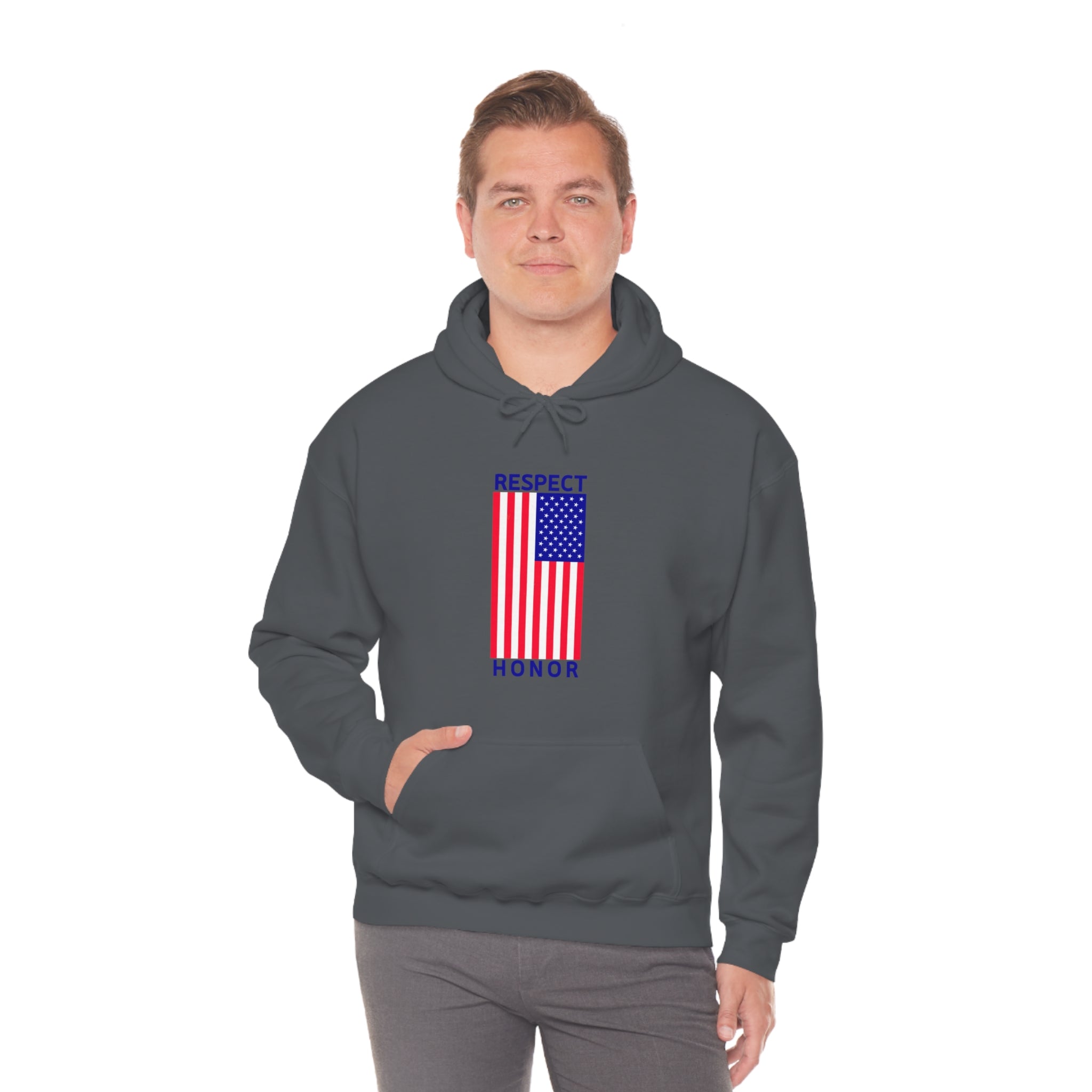 Adult man wearing charcoal hoodie with "Respect Honor" Inspired Classic American Flag on front.