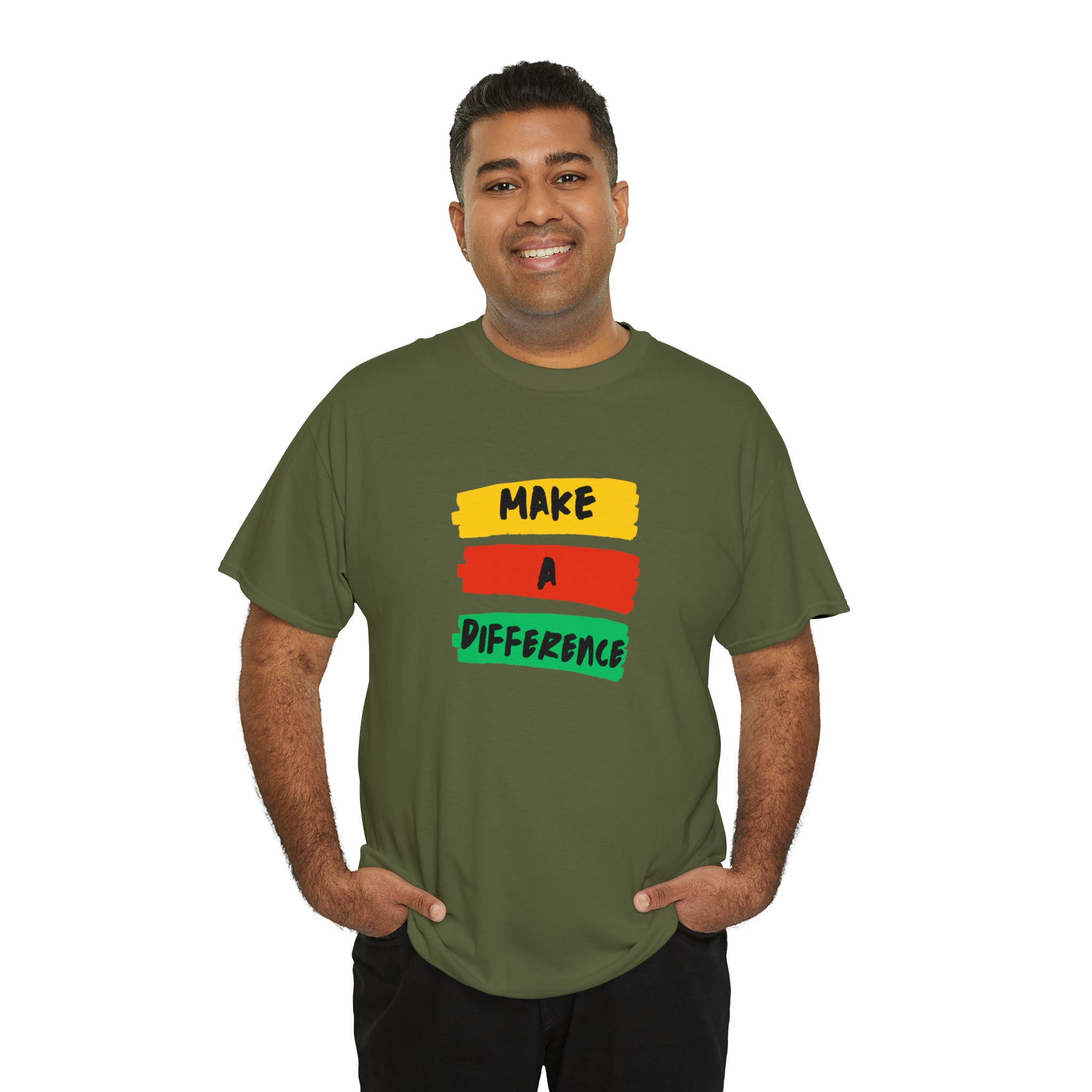 Adult male unisex military green T-Shirt with " Make A Difference" inspired images.