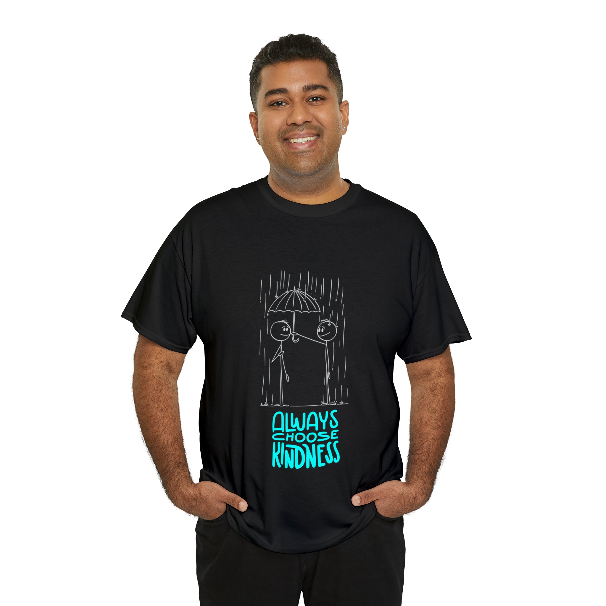 Adult male wearing black T-shirt with "Always choose kindness" Motivational image on front.