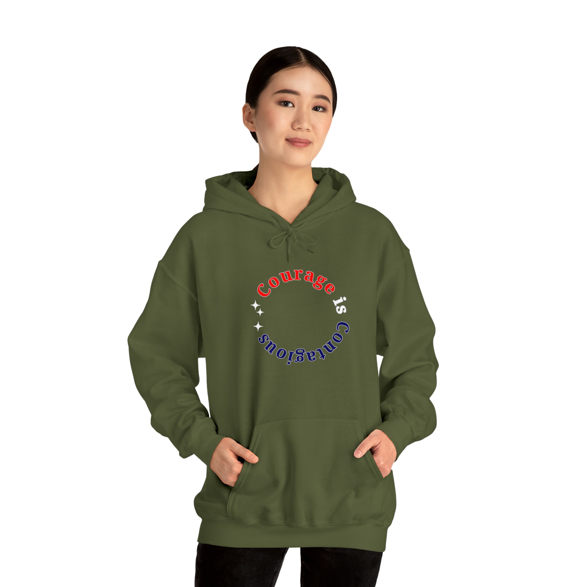 Adult Women wearing military green hoodie " Courage is Contagious" inspired message on front.