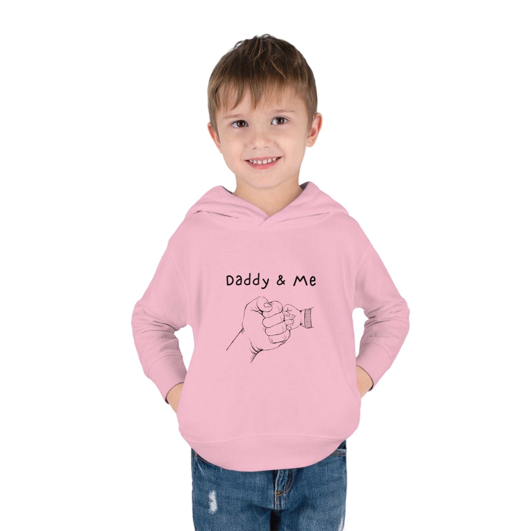 Toddler boy light pink hoodie " Daddy & Me" with fist bumps hands on front.