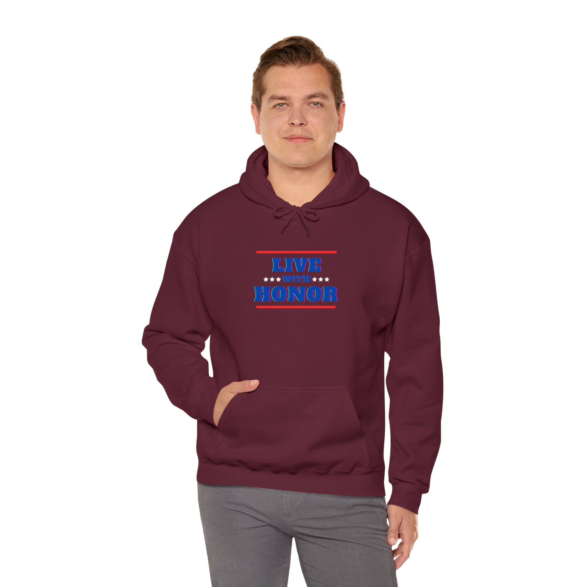 Adult male wearing maroon hoodie " Live With Honor" inspired images