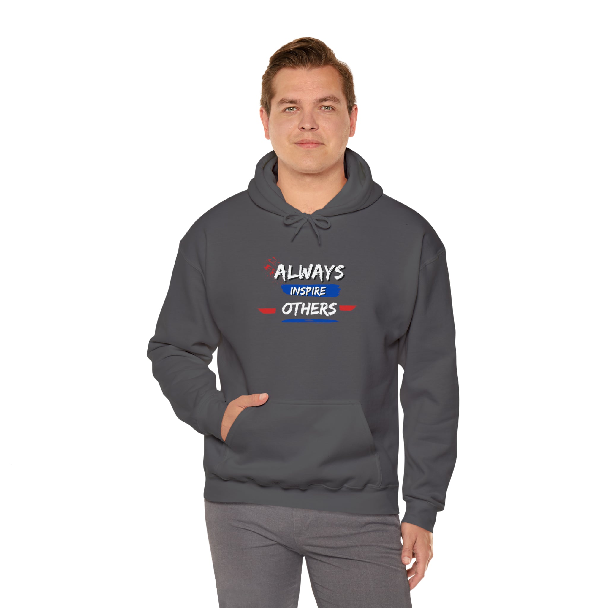 Adult male wearing dark heather hoodie with "Always Inspire Others" image on front.