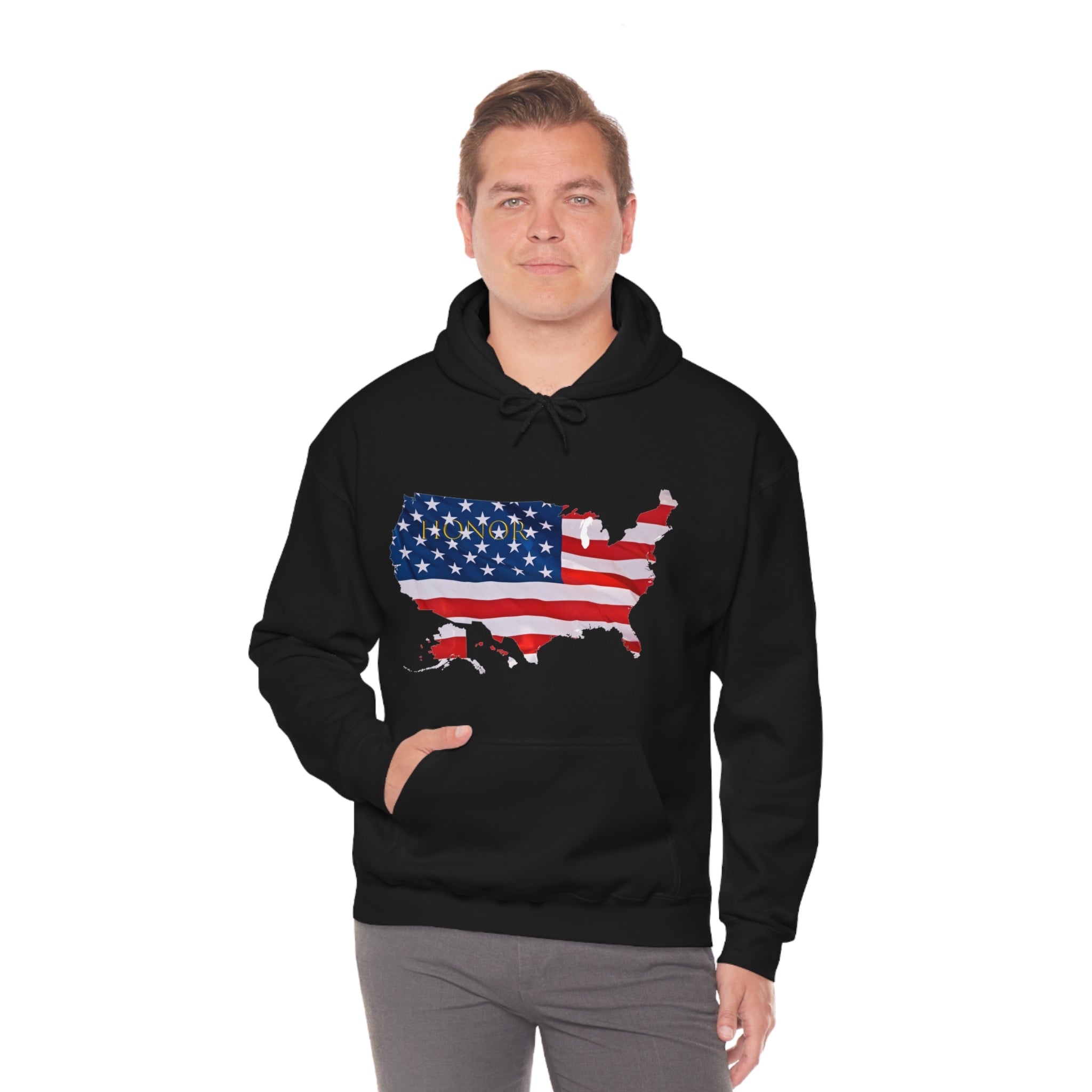 Adult Male wearing black hoodie with "Honor USA" inspired American as a Flag graphic on front.