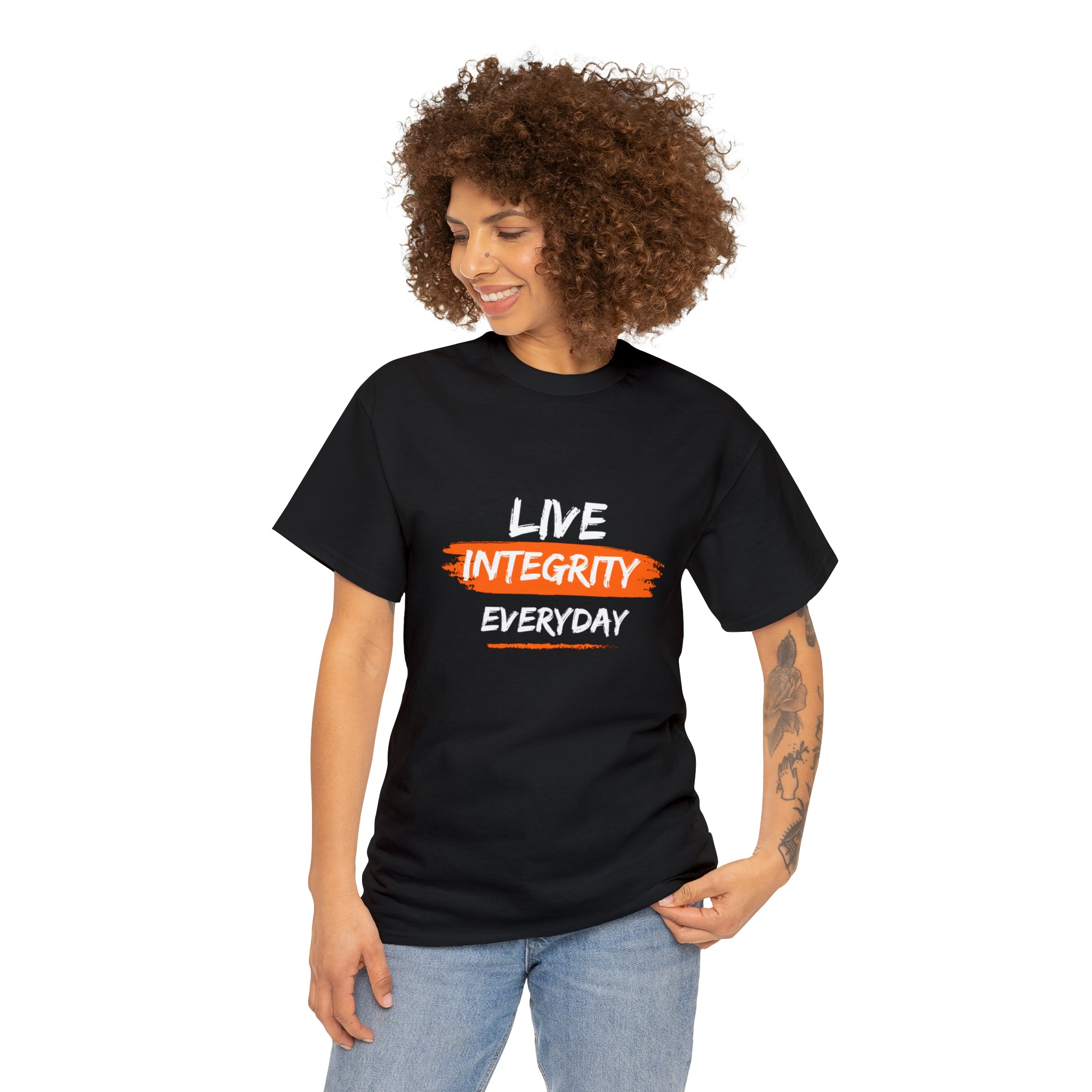 Adult female wearing black T-Shirt " Live Integrity Everyday" inspired images