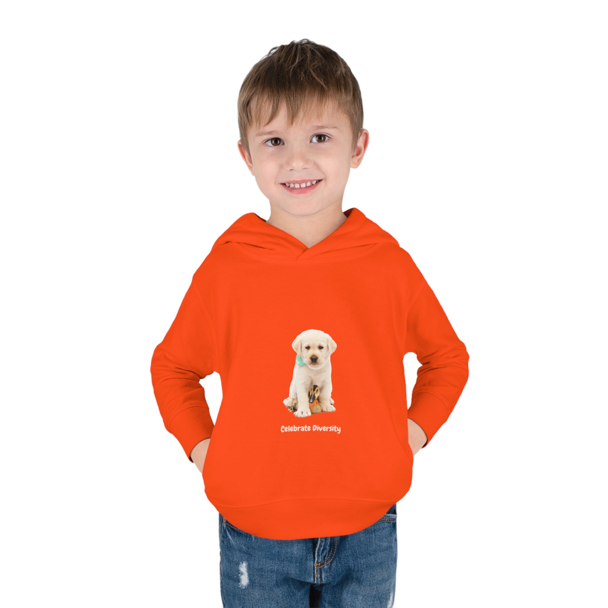 Toddler boy wearing orange unisex hoodie with "Celebrate Diversity" inspired graphic with puppy and duck on front.