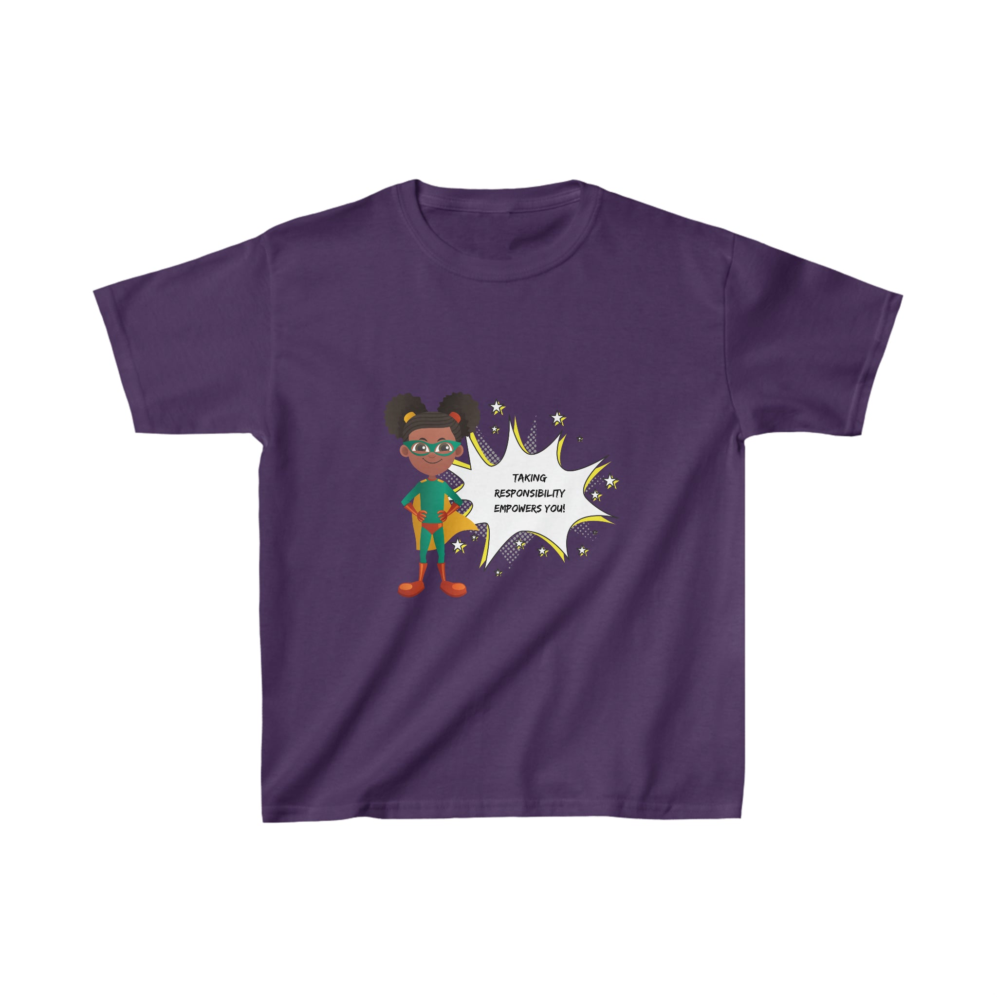 Youth Girl purple T-shirt with " Taking responsibility empower you" motivational graphic on front.