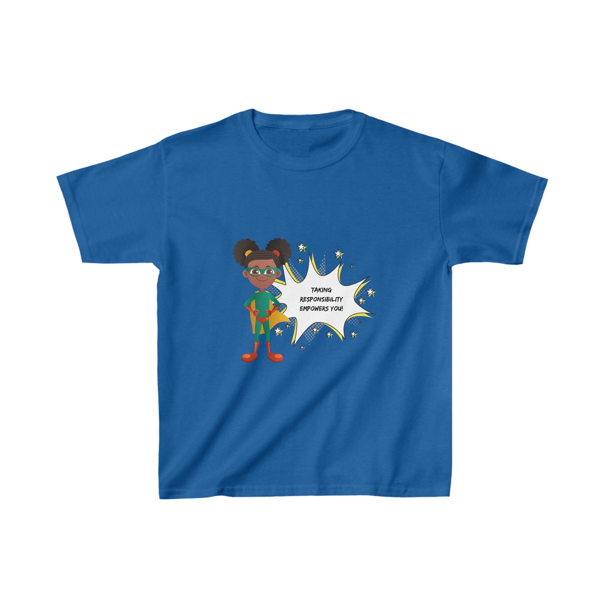 Youth Girl  royal  T-shirt with " Taking responsibility empower you" motivational graphic on front.
