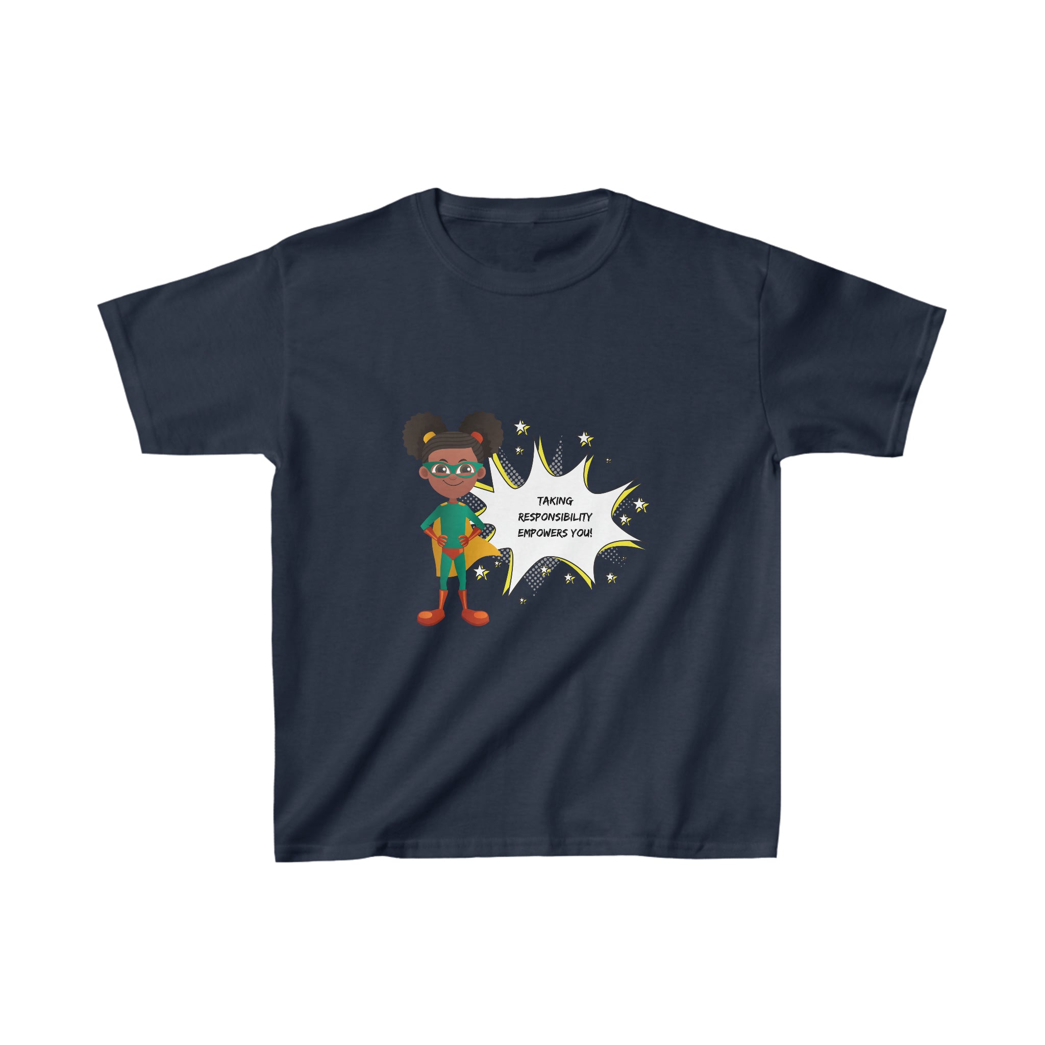 Youth Girl navy T-shirt with " Taking responsibility empower you" motivational graphic on front.