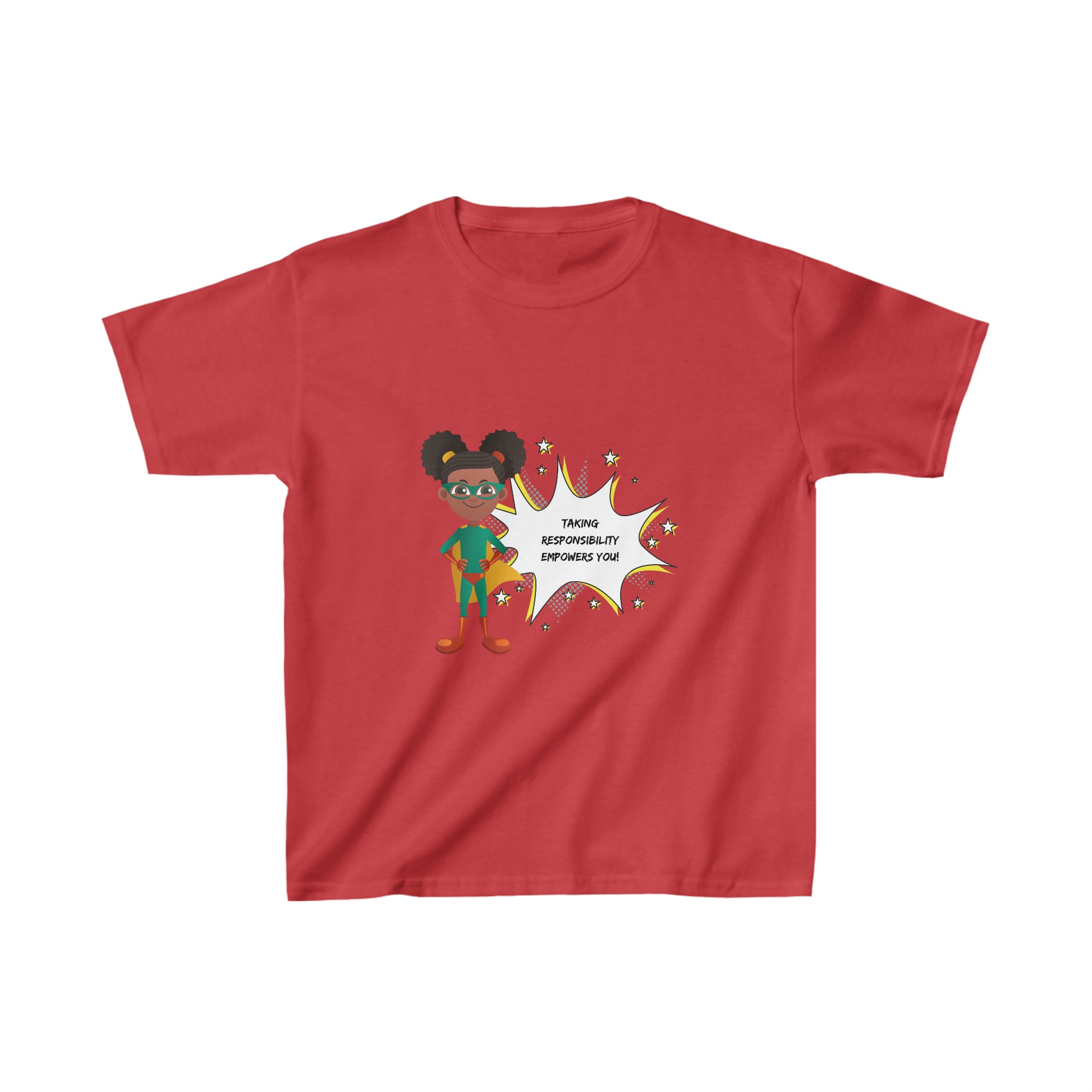 Youth Girl  red T-shirt with " Taking responsibility empower you" motivational graphic on front.