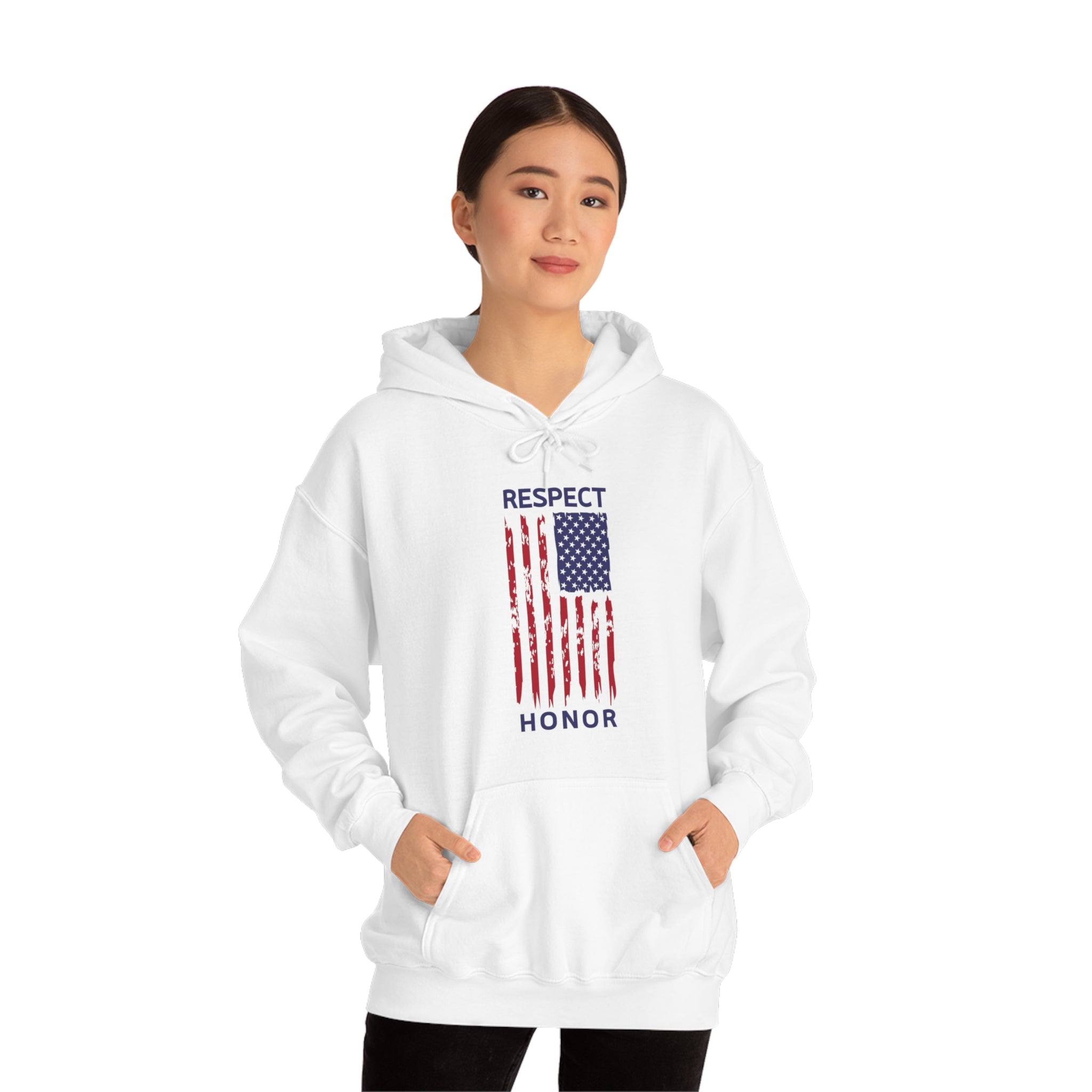 Adult female wearing white hoodie with "Respect Honor" Inspired Rustic American Flag on front.