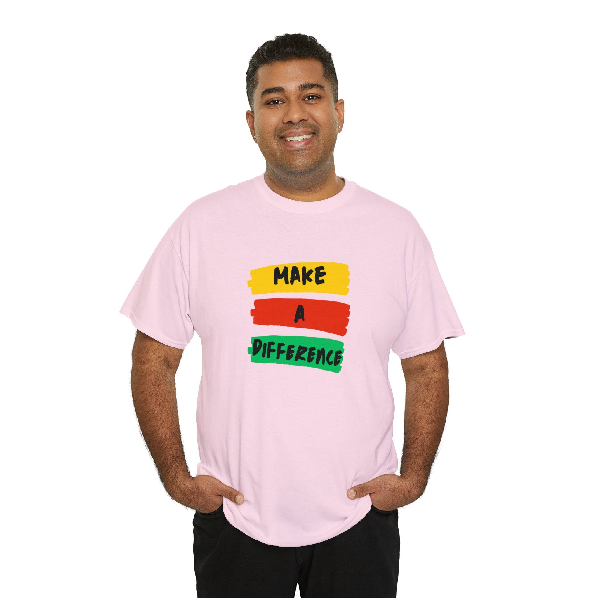 Adult male unisex light pink T-Shirt with " Make A Difference" inspired images.