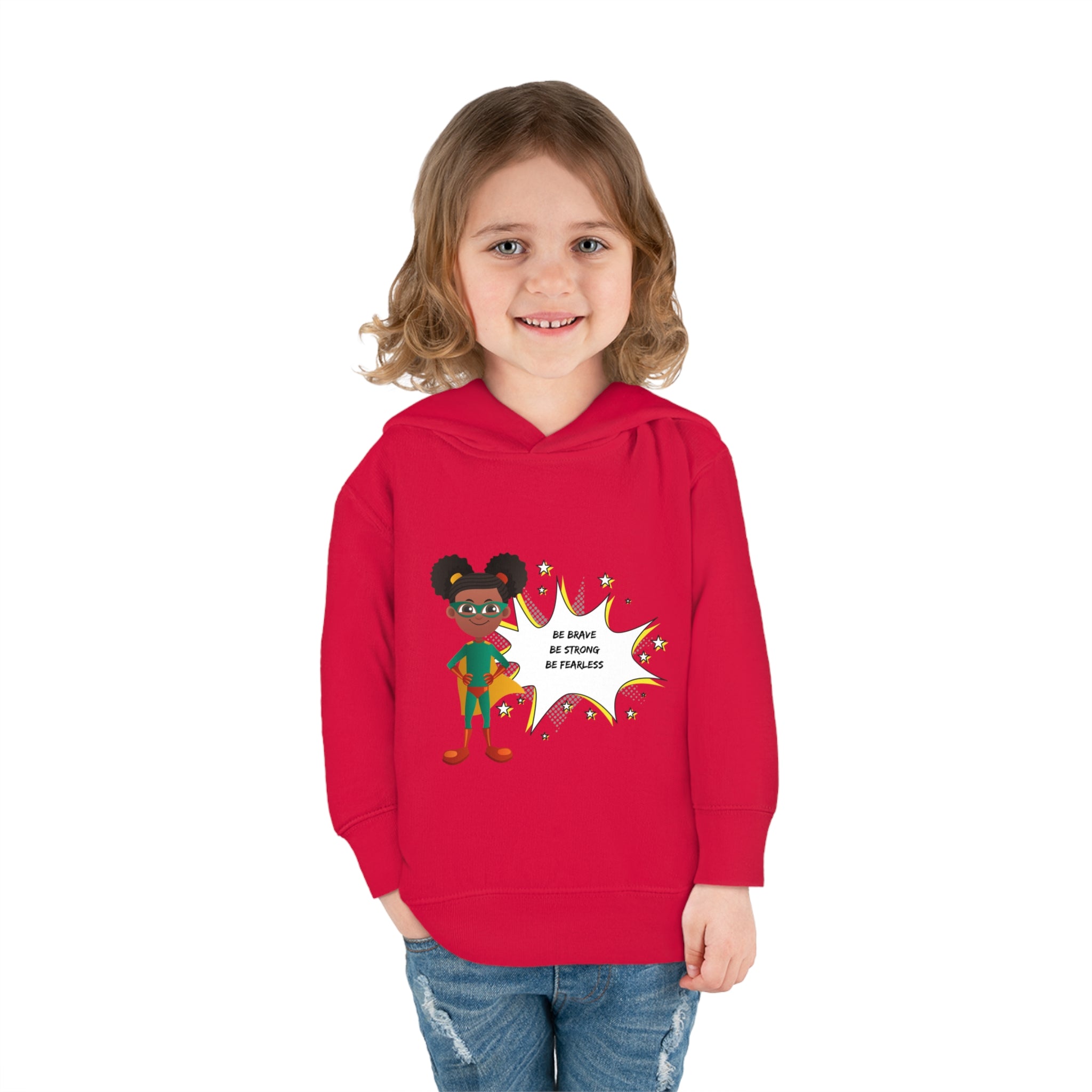 Toddler girl model wearing red hoodie with girl superhero image with Be Bold Be Strong Be Fearless image on front
